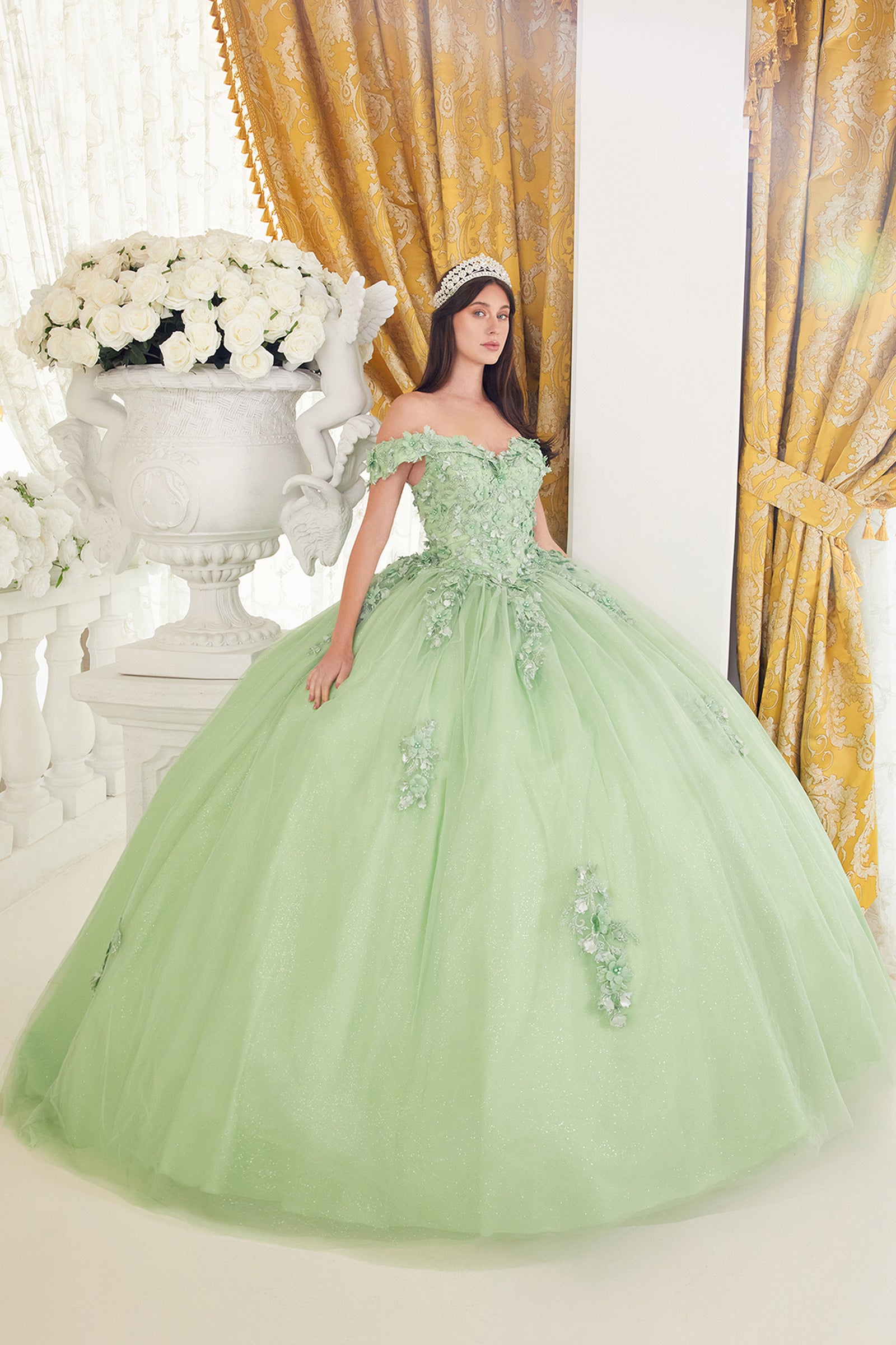 slim fit dress slacks Cinderella Divine FITTED 3D FLORAL OFF SHOULDER GOWN CB096 – LA TOP DIVAS main image 1