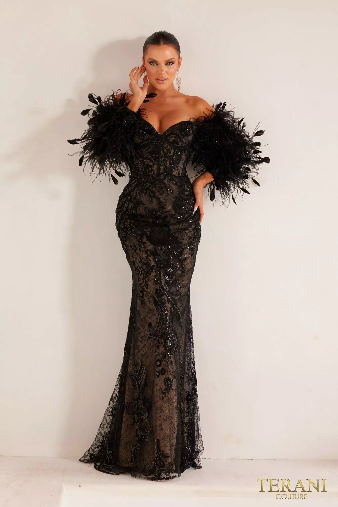Terani Couture 241E2479 Long Sleeves Off-Shoulder Black Nude Bodycon Evening Dress Black Nude / 8 Terani Couture 241E2479 Long Sleeves Off-Shoulder Black Nude Bodycon Evening Dress Black Nude / 8