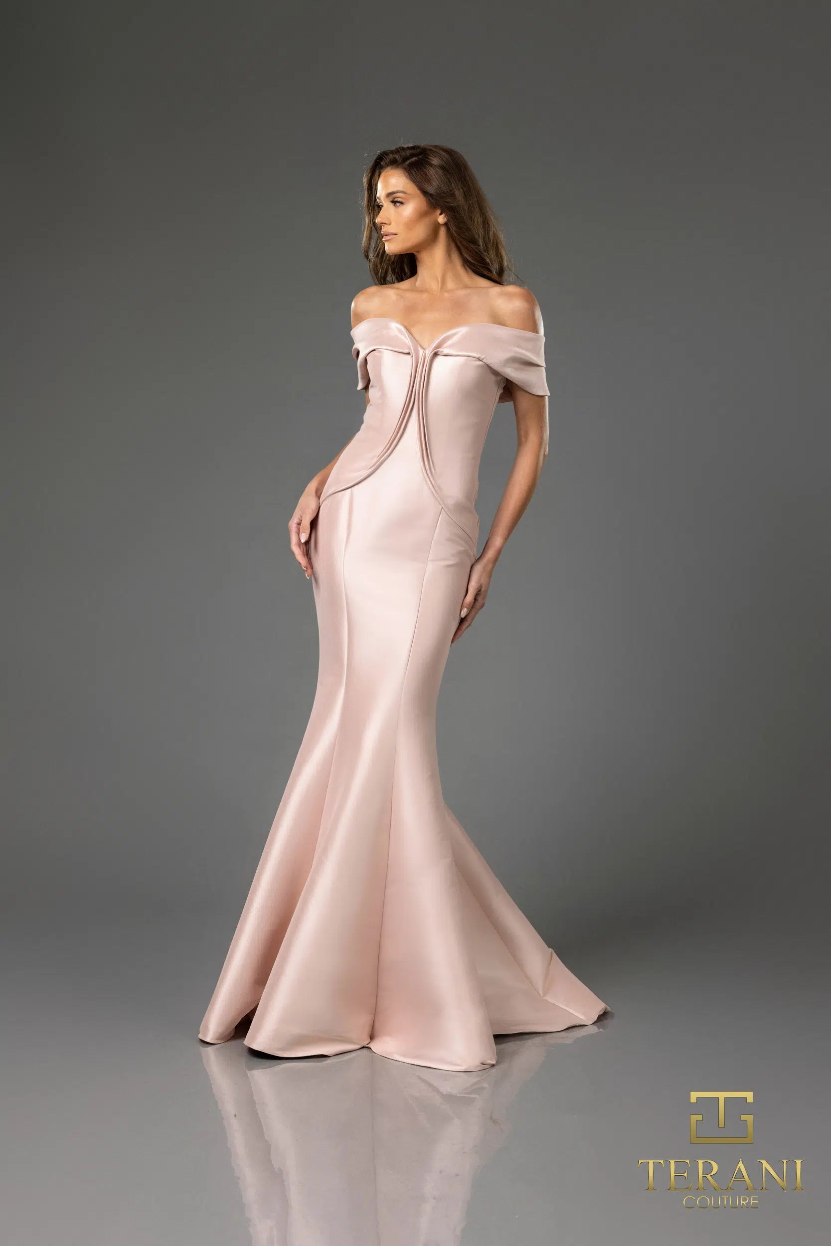 Terani Couture 251E4565 Off-The-Shoulder Trumpet Sleeveless Mikado Eve – B  Chic Fashions