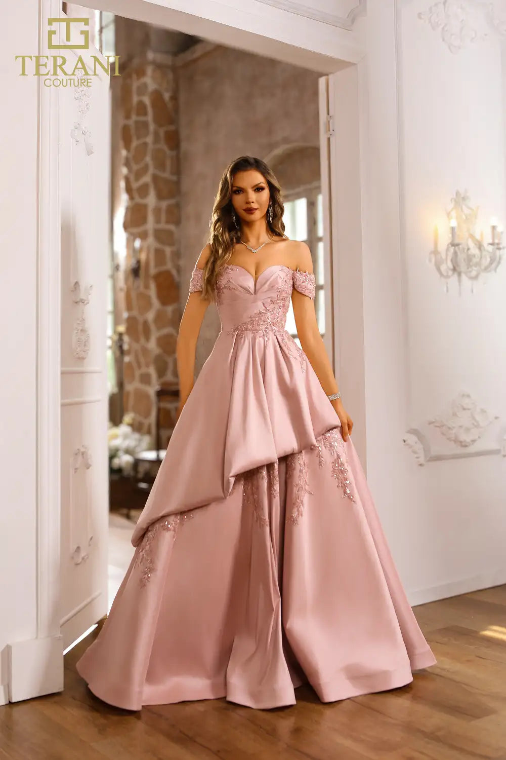 Terani Couture 251M4062 Satin Off The Shoulder Blush Ballgown – B