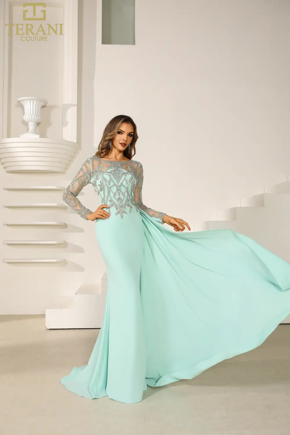 Terani Couture 251m4420 Illusion Neck Full Sleeves Sheath Long Dress | Blush 20 Terani Couture 251m4420 Illusion Neck Full Sleeves Sheath Long Dress | Blush 20