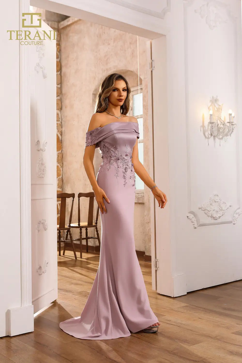 Terani Couture 251M4443 Crepe Off Shoulder Sleeveless Trumpet Dress  B  Chic Fashions
