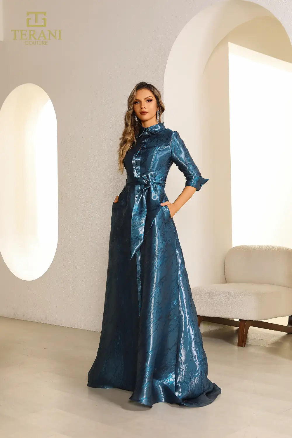 Terani Couture 251M4462 Shimmer A-line Long Blue Dress  B Chic Fashions
