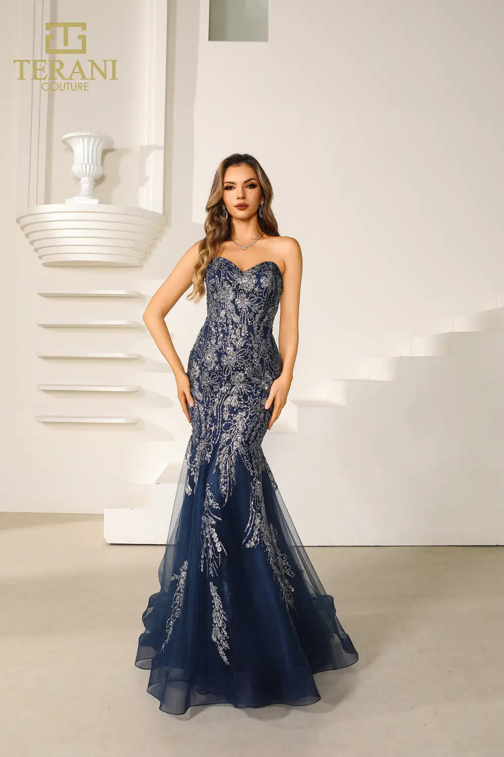 open lace back dress Terani Couture 251P4641 Sweetheart Beaded Tulle Strapless Trumpet Prom Dress Navy / 2