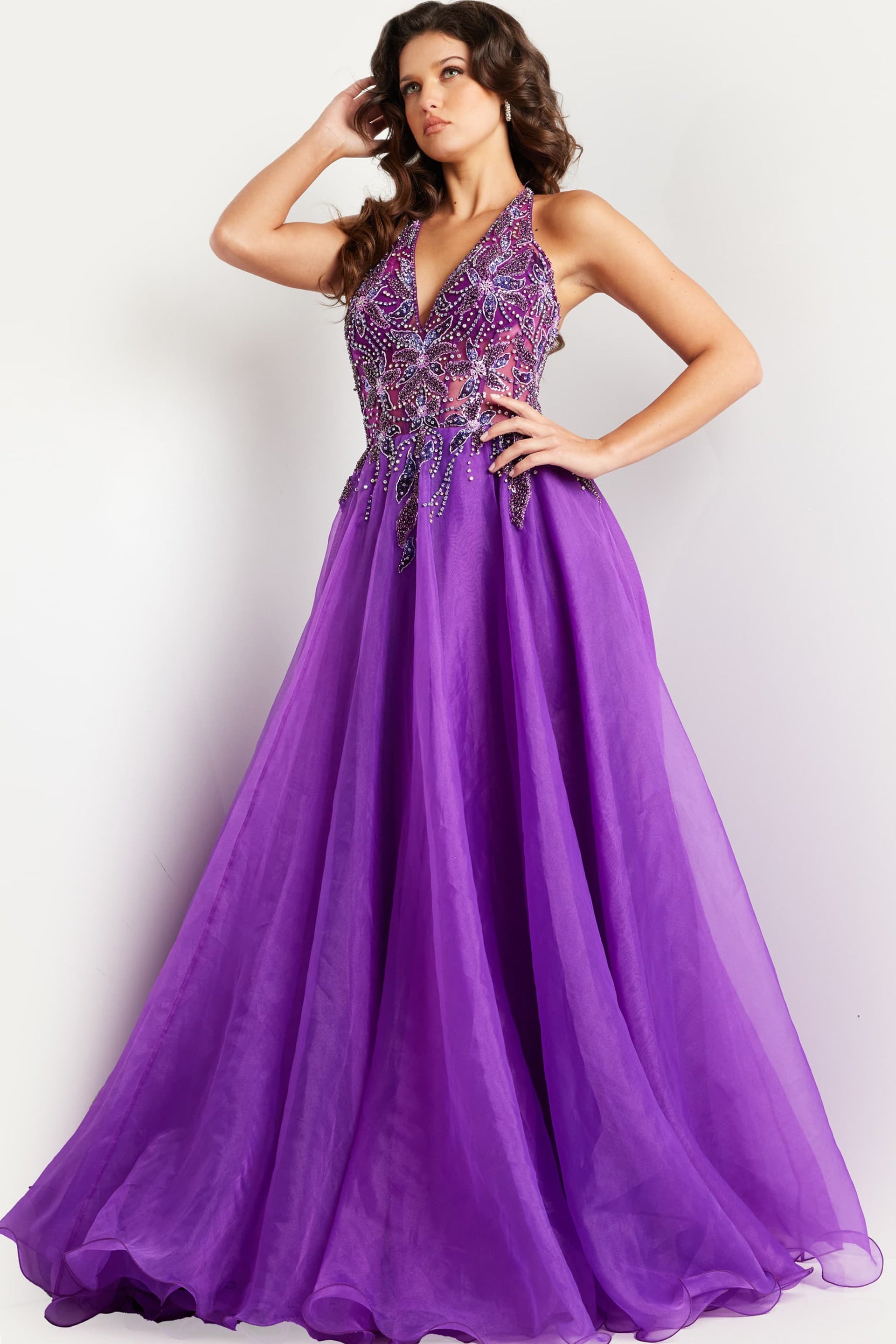 strapless open back dress Grape Purple Prom Dresses Tea-Length High Neck Sleeveless Stretch Sati