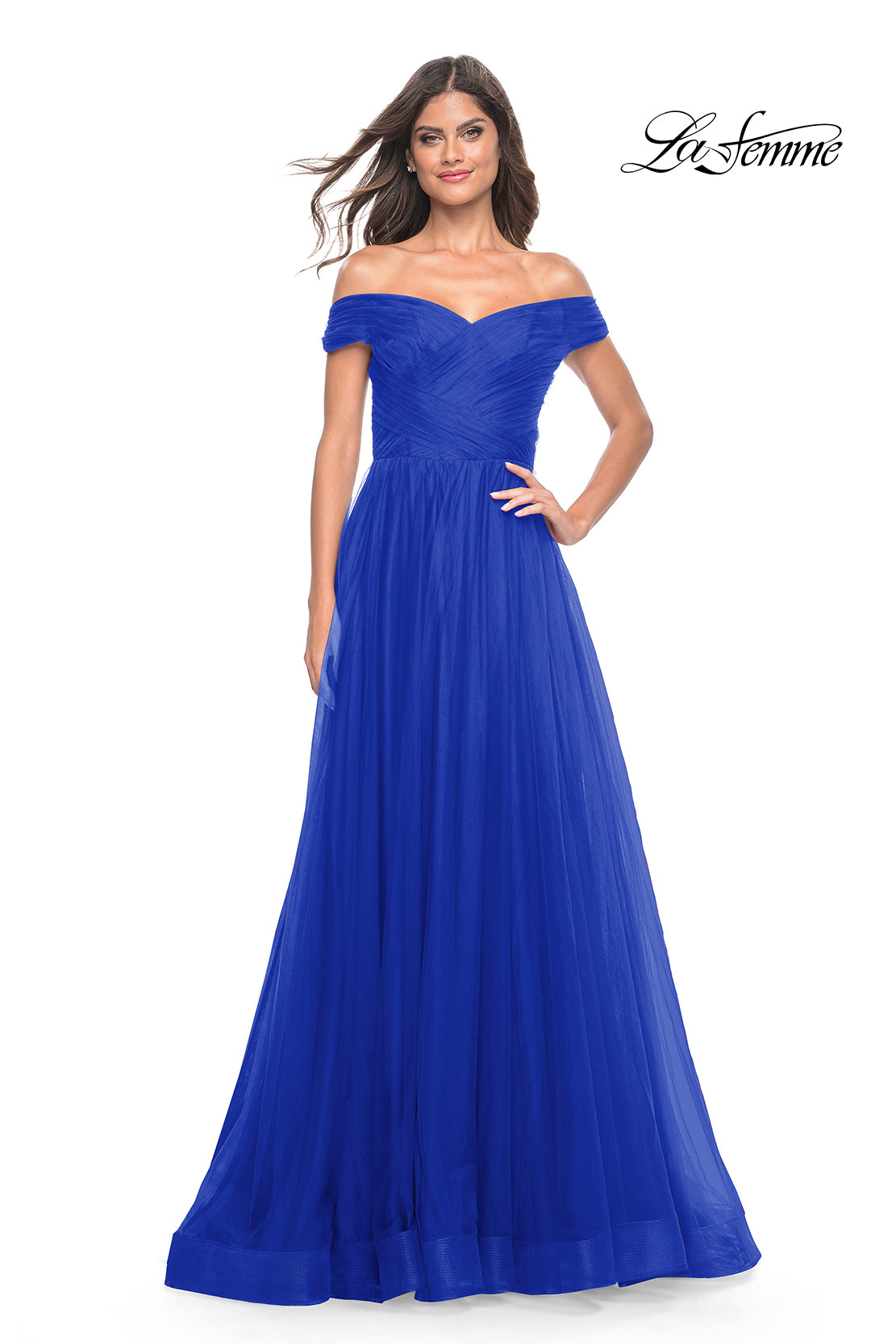 la femme off the shoulder evening dress Off-the-Shoulder Tight Long Prom Dress by La Femme Navy / 0 main image 1