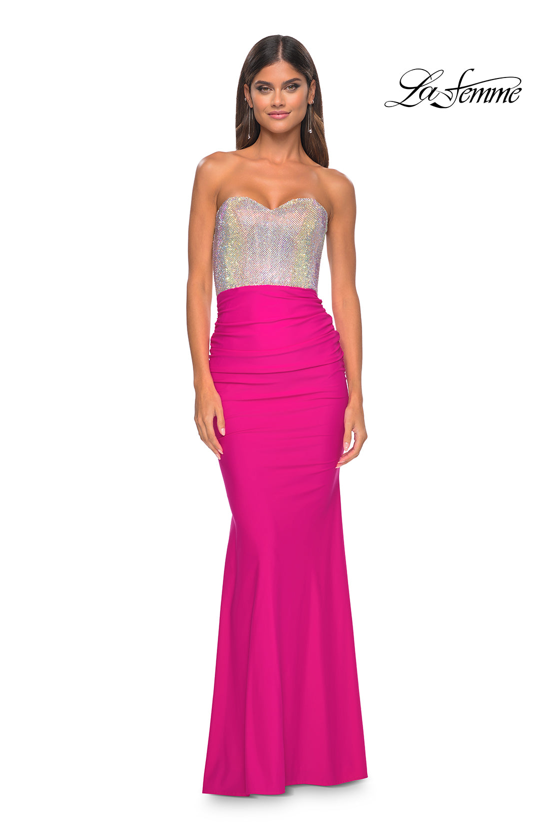 Shop 32440 Long dress with ruched jersey skirt and sweetheart neckline. The bodice features a fully rhinestone fishnet fabric. Back zipper closure. Dress comes in black and royal blue under number 32069. Shop 32440 Long dress with ruched jersey skirt and sweetheart neckline. The bodice features a fully rhinestone fishnet fabric. Back zipper closure. Dress comes in black and royal blue under number 32069.