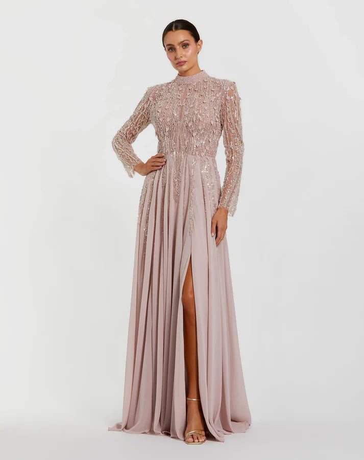 mac duggal dresses long sleeve 37037 Rose Embellished Gown with Pleated A-line – B Chic Fashions venue:Beach Gaia – Linen Smock <strong>STEP 3:</strong>  Additional Insurance:$8000 Total (+$300.00) and pearl accents