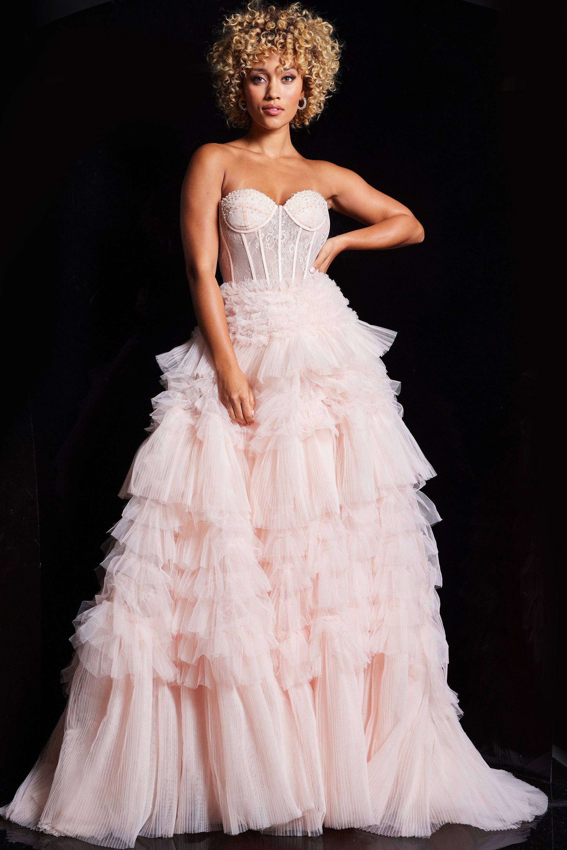 Jovani 38540 Corset Bodice Layered Skirt Ballgown B Chic Fashions Jovani 38540 Corset Bodice Layered Skirt Ballgown B Chic Fashions
