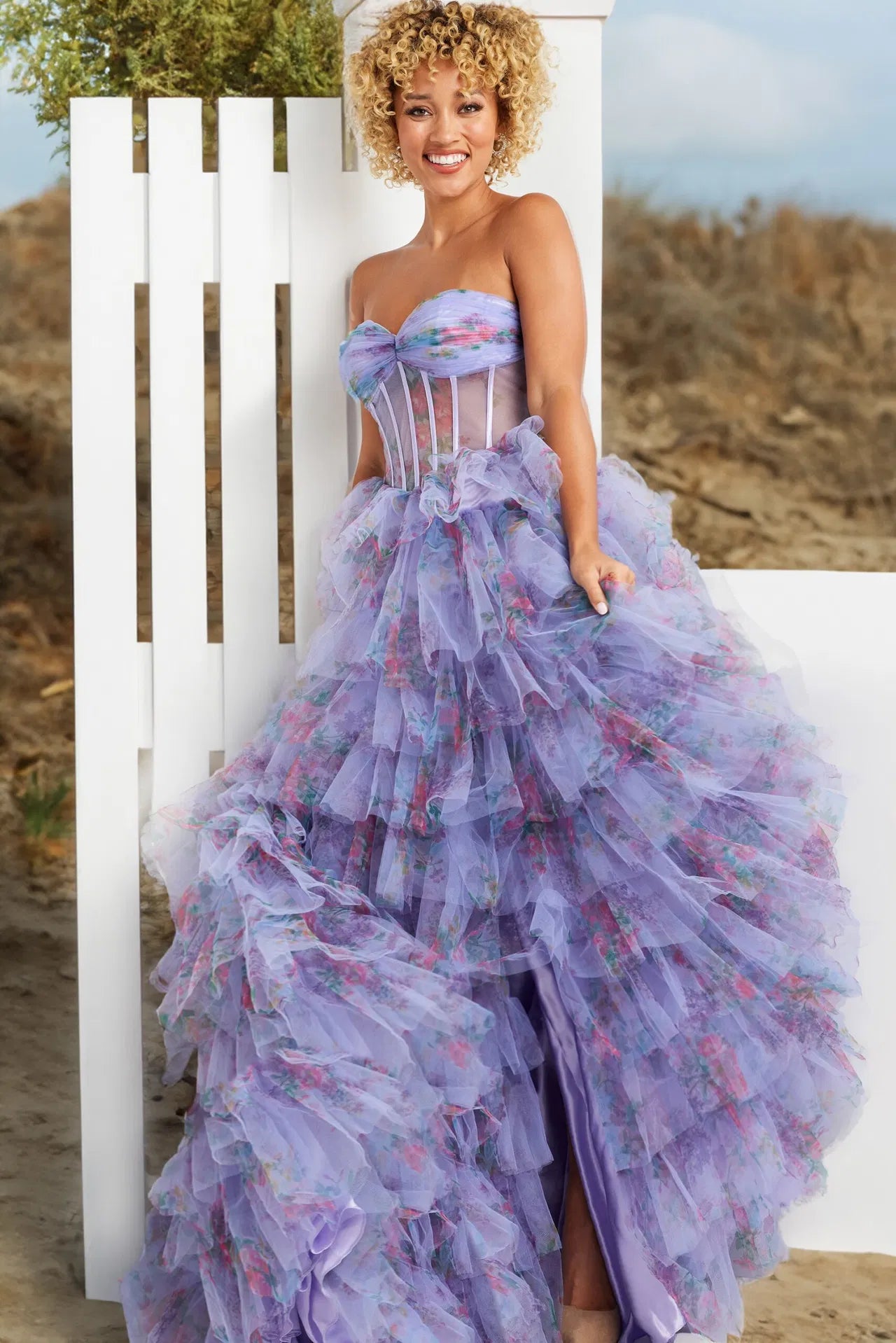 strapless open back dress Jovani 39149 Strapless Print Corset Bodice Gown Lilac / 12