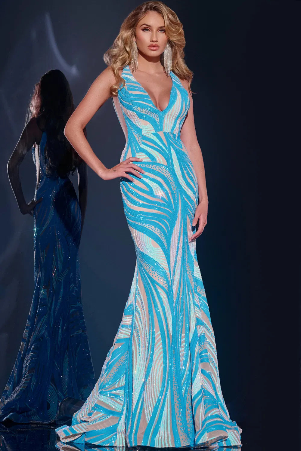 Jovani 39232 Sequin Gown with Plunging Neckline – B Chic Fashions