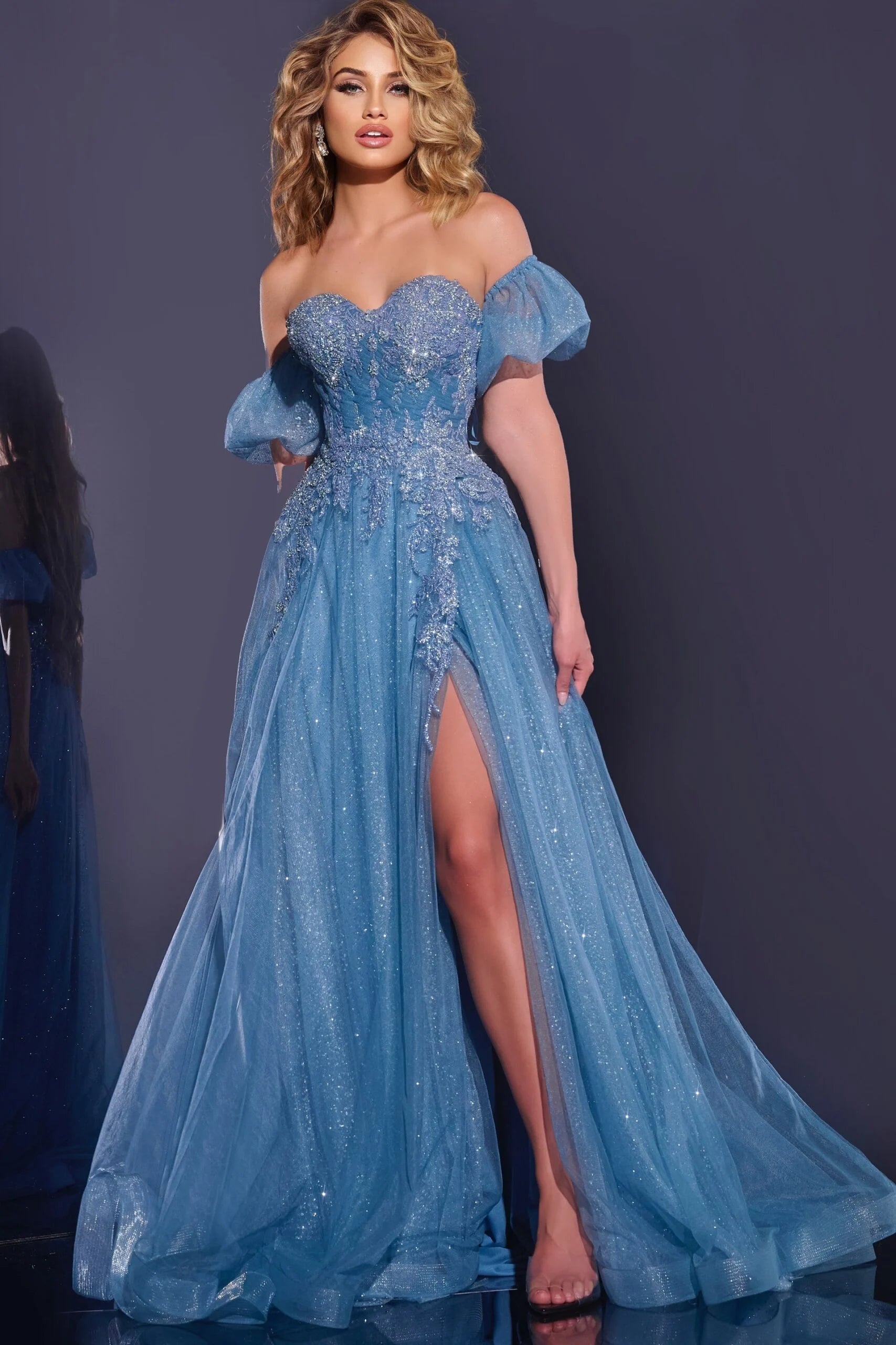 blue dress for baby girl Jovani V-Neck Long Sequin-Print Prom Dress 09749 Navy/Light Blue / 0 main image 1