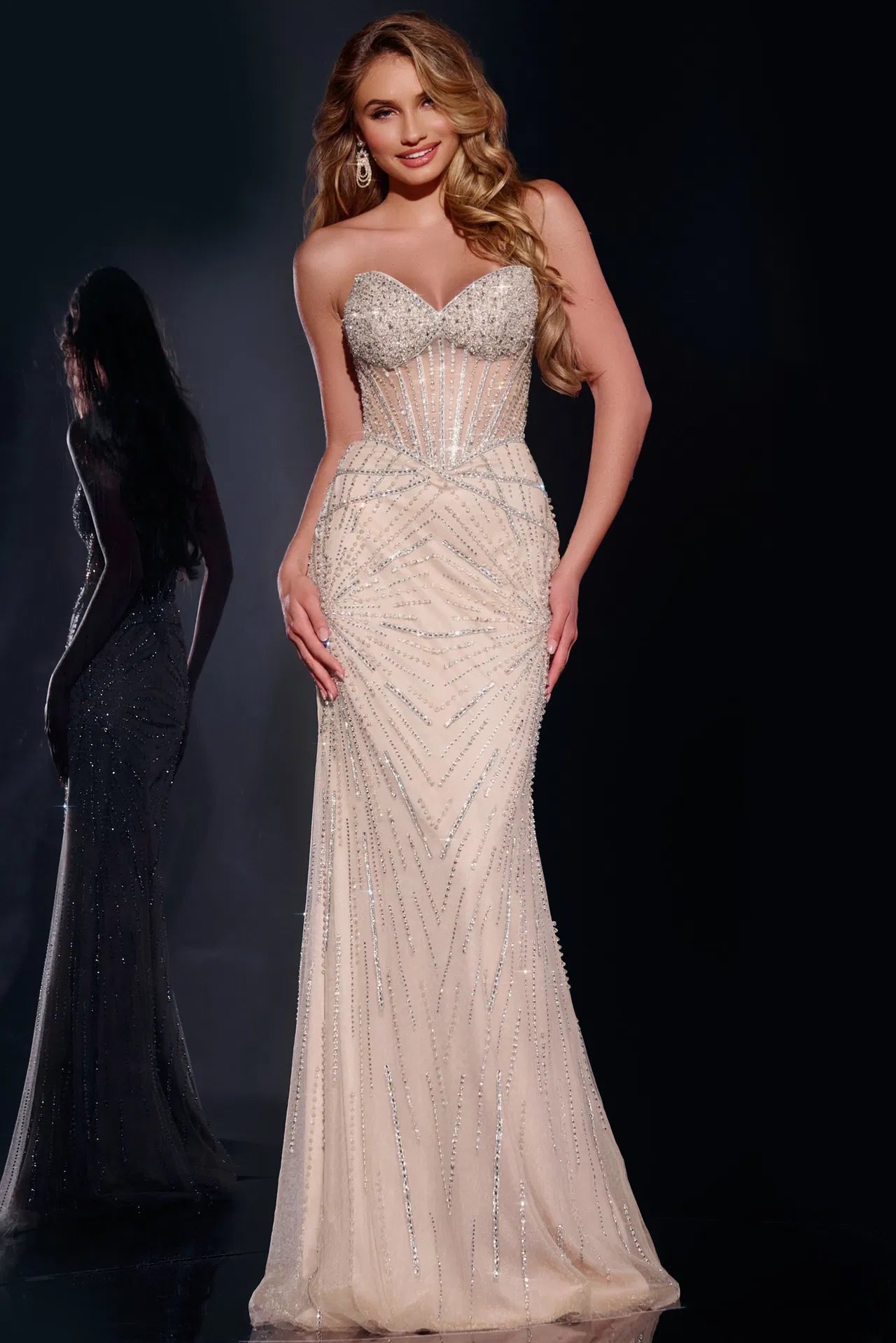Jovani 42206 Strapless Beaded Gown with Sheer Corset Top – B Chic Fashions