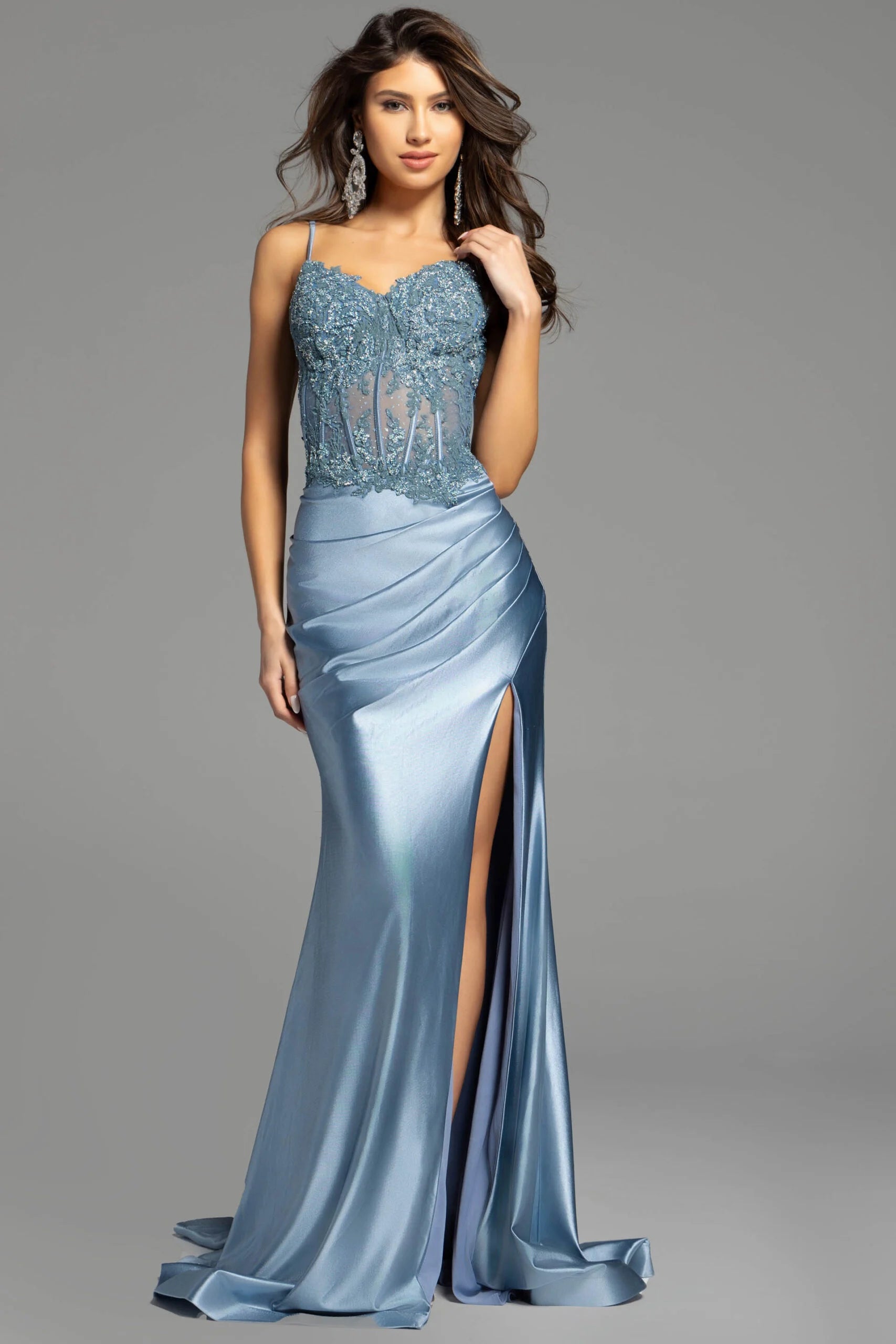 sachin and babi light blue dress Jovani 46206 Beaded Open Back Dress with High Slit Green / 8