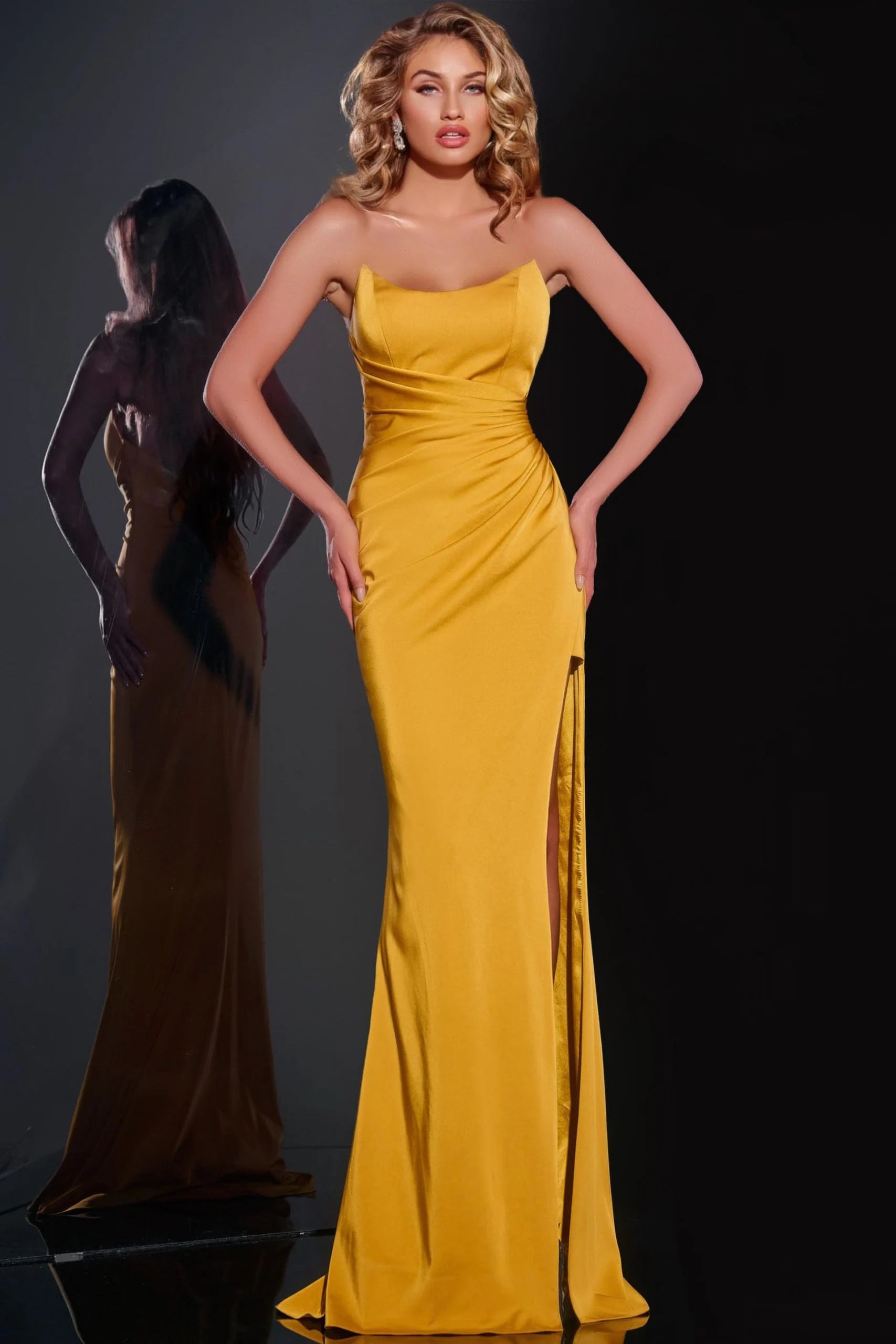 Jovani 42765 Strapless Mustard Gown with High Slit Mustard / 4