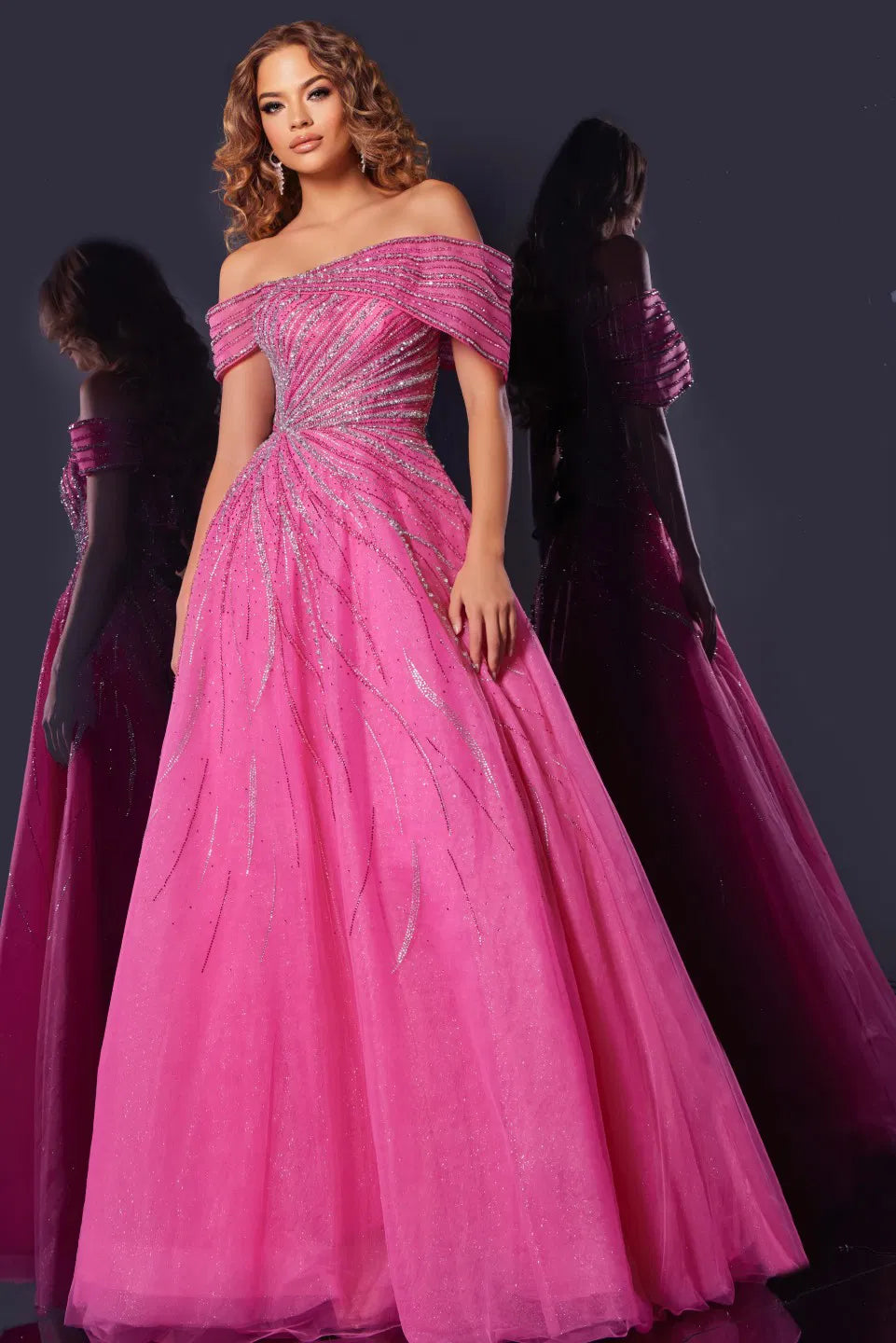 Jovani 45067 Off-the-Shoulder A-Line Gown with Glittering Beaded Detai  B  Chic Fashions