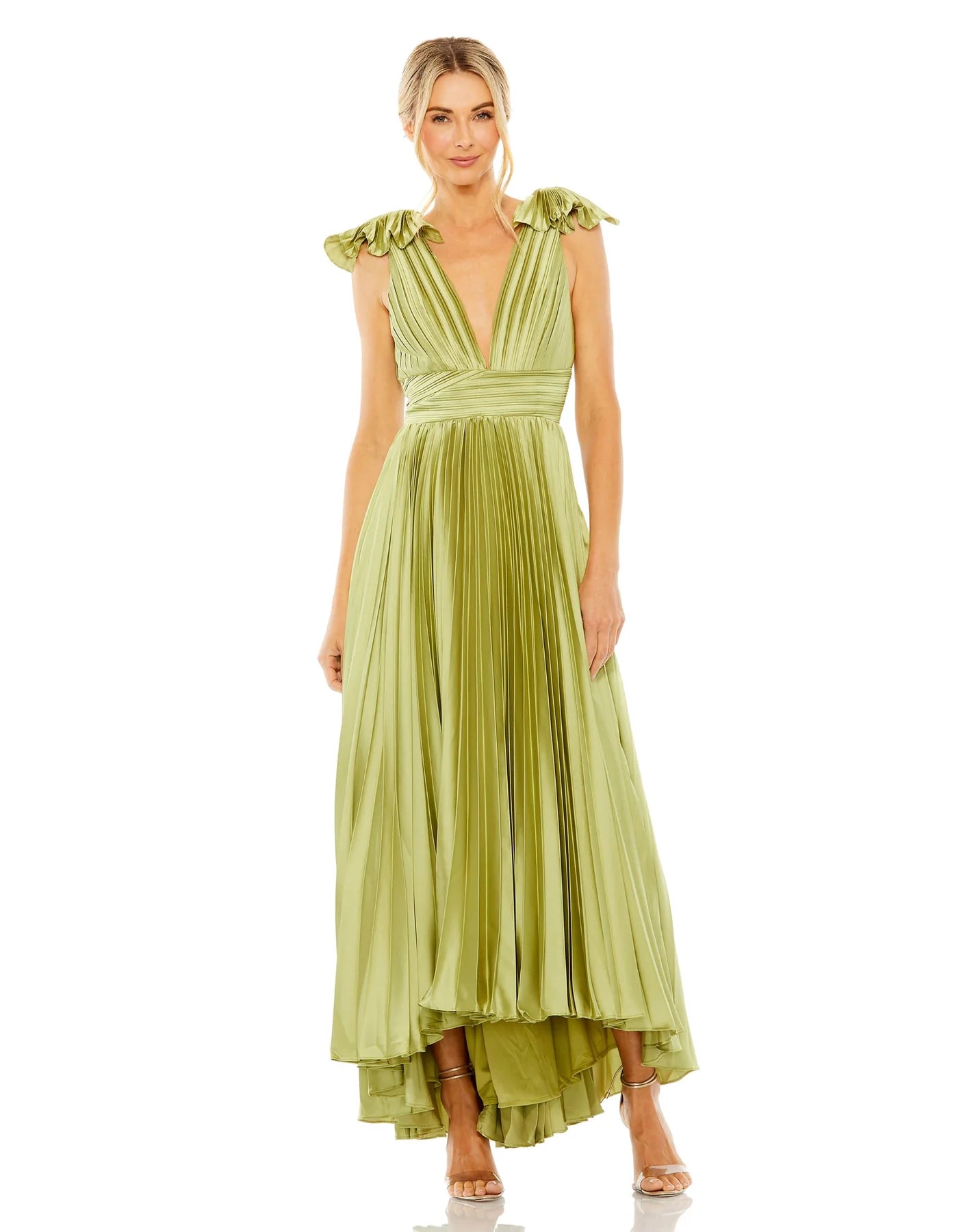 Mac Duggal 49734 Ruffle Top Sleeveless V Neck Pleated Gown – B Chic Fashions