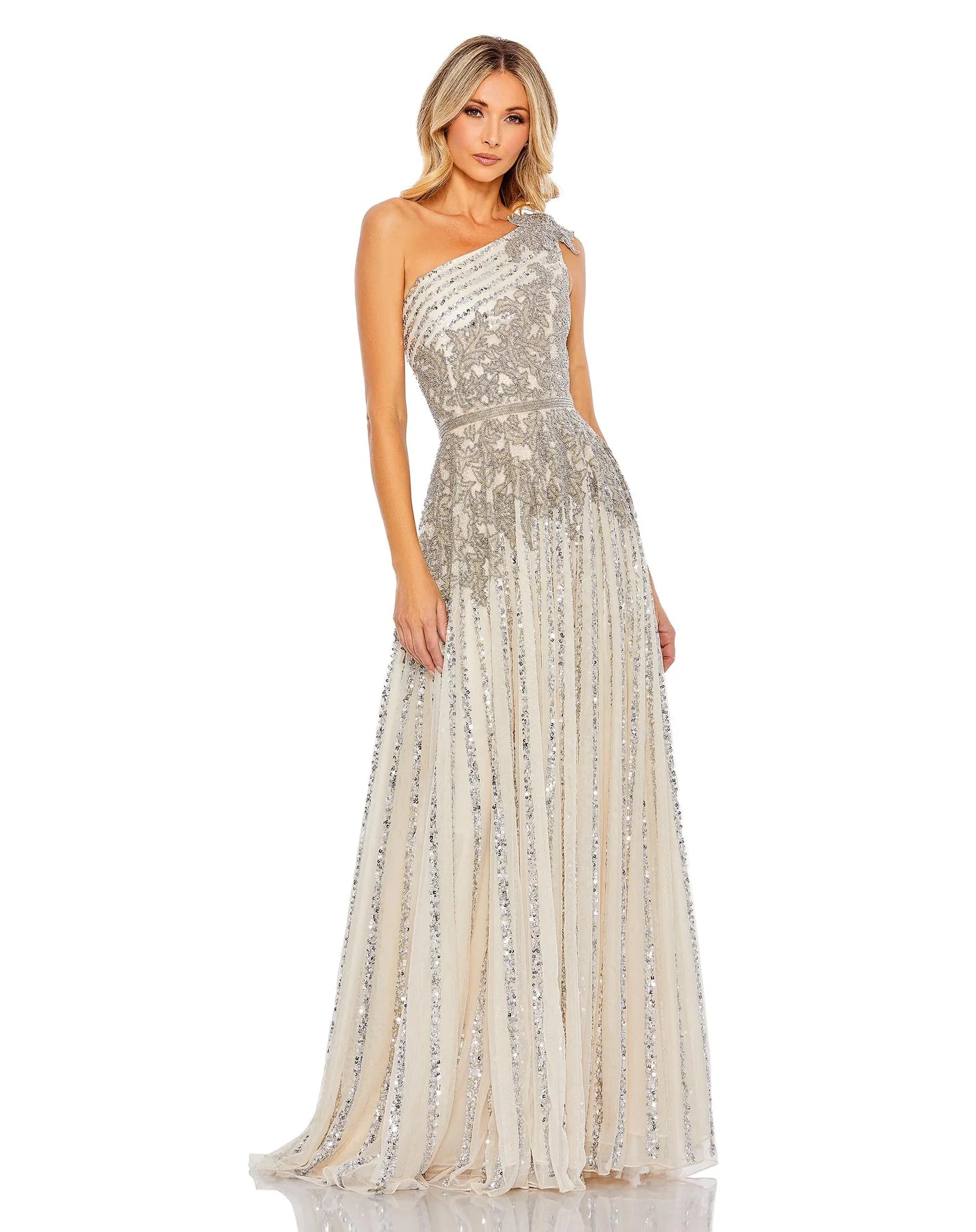Mac Duggal - Beaded Embellished One Shoulder A Line Gown - Silver Nude Mac Duggal - Beaded Embellished One Shoulder A Line Gown - Silver Nude