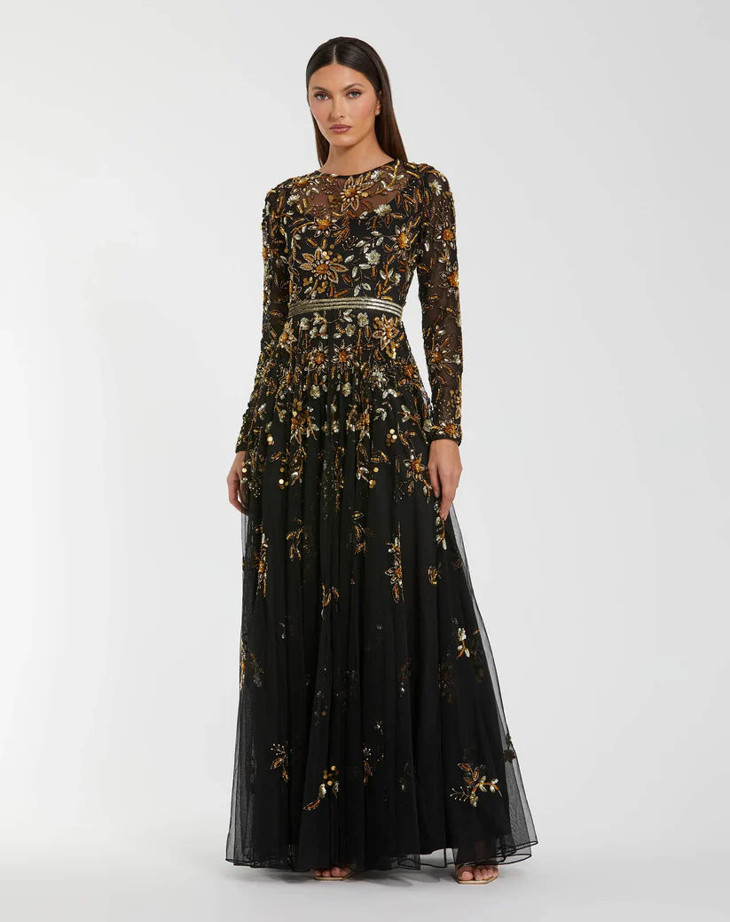 Mac Duggal 6200 Black Hand Embellished Long Sleeve A Line Gown – B Chic Fashions