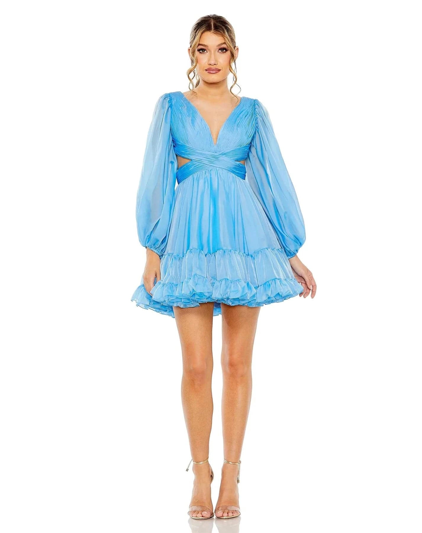 Mac Duggal 68451 Long Sleeve Chiffon Cut Out Mini Dress – B Chic Fashions