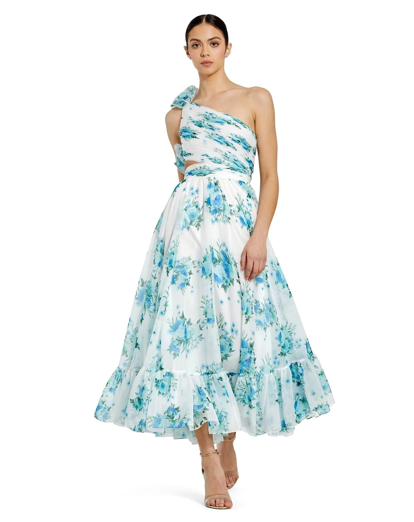 Mac Duggal 68655 One Shoulder Ruffle Cut-Out Chiffon Midi Dress  B Chic  Fashions