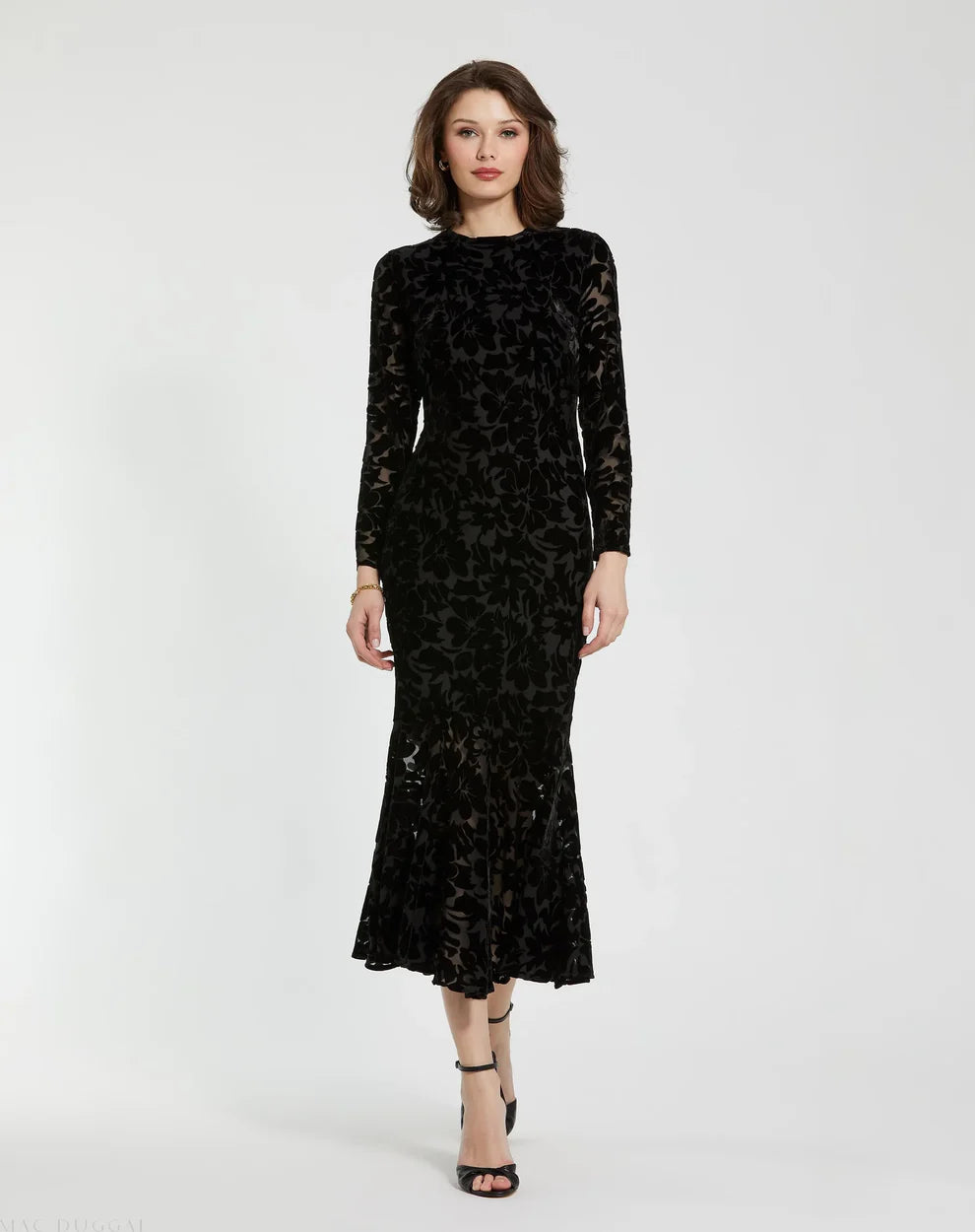 mac duggal black dress long sleeve 81129 Burnout Velvet Long-Sleeve High-Neck Midi – B Chic Fashions opulent hand COLOR:Camouflage Tiffany Blue Wedding Dress zip up