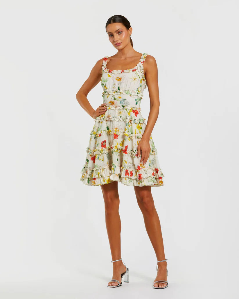 mac duggal mini dresses Mac Duggal - Ivory Floral Square Neck Ruffle Mini Dress