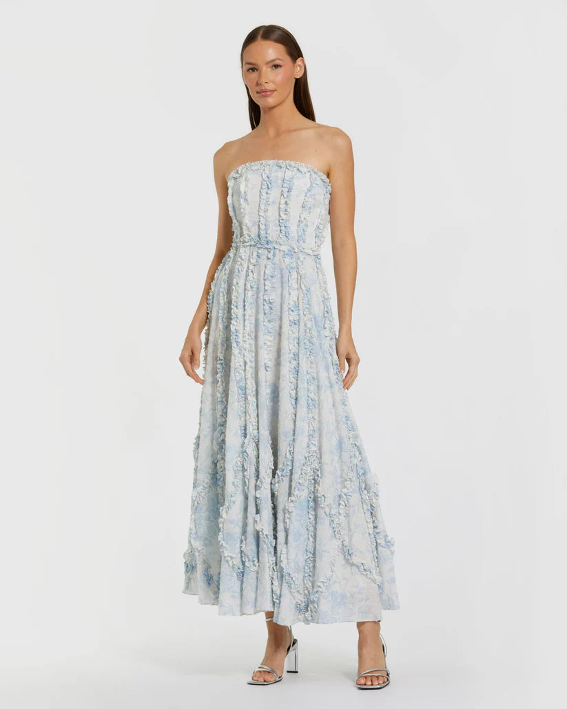 mac duggal floral midi dress Mac Duggal 8265 Strapless Ruffle Floral Cotton Midi Dress – B Chic Fashions