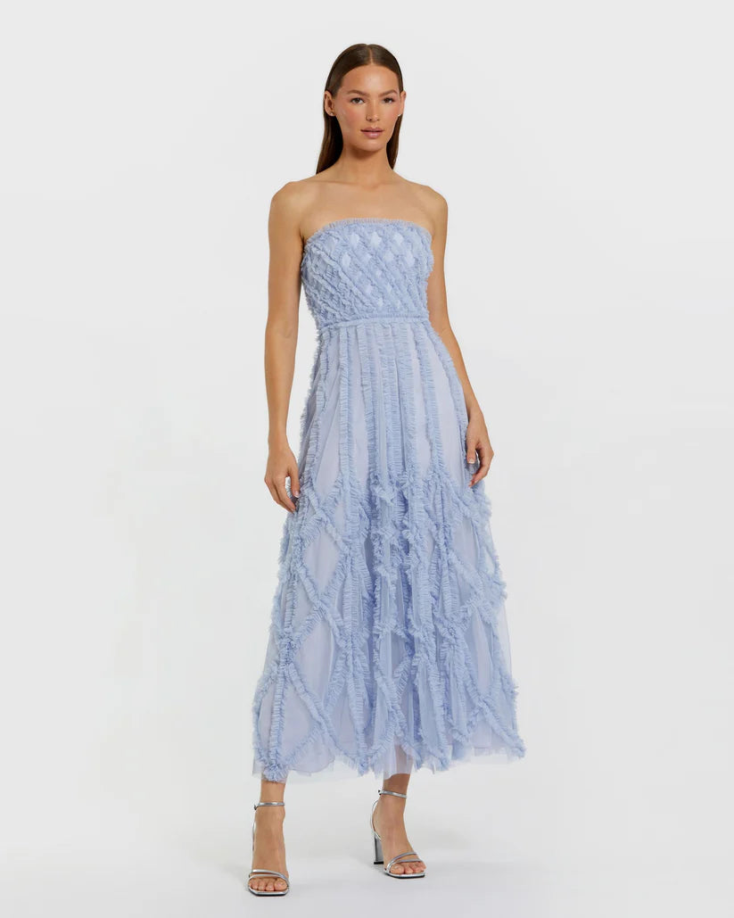 Mac Duggal 8277 Mesh Ruffle Strapless A-Line Midi Dress  B Chic Fashions