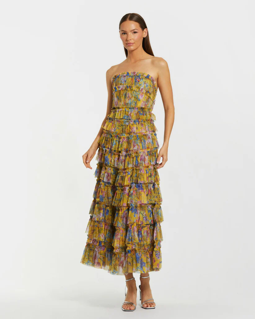 frill mesh dress Mac Duggal - Yellow Floral Strapless Ruffle Midi Dress