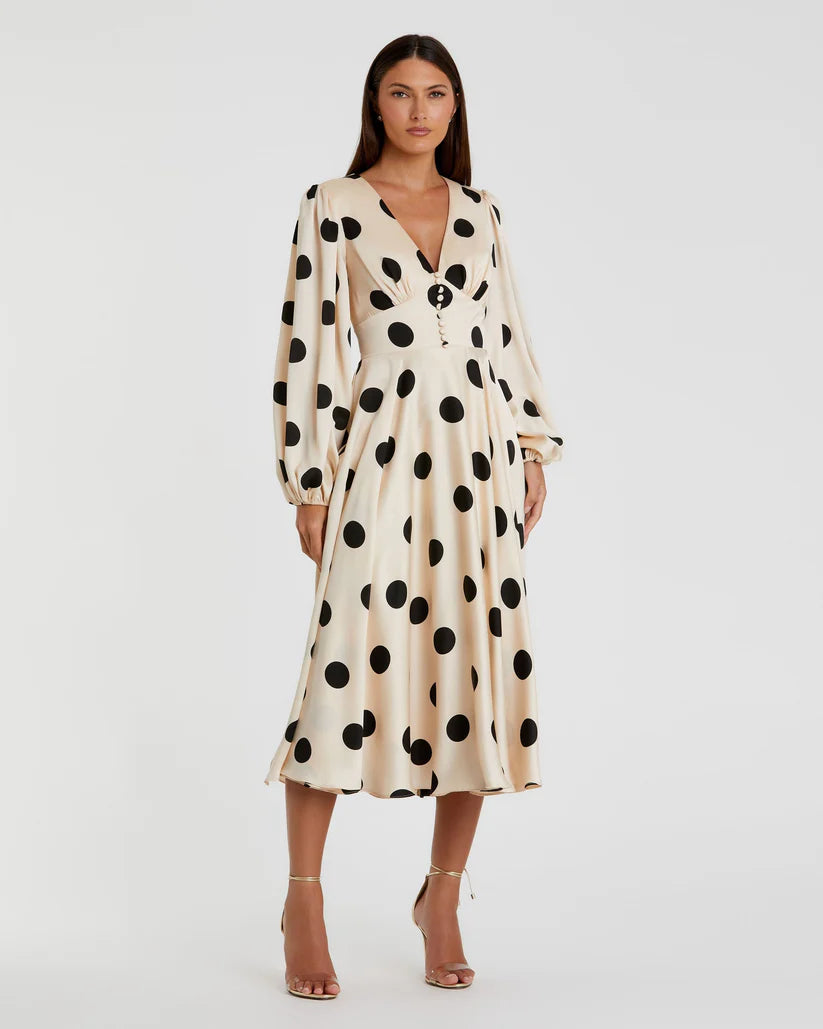 mac duggal midi dresses Beige Polka Dot Charmeuse Long Sleeve V Neck Midi Dress