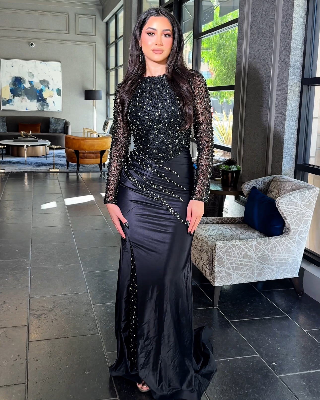Isra Long Sleeve Sequin Embellished Jersey Modest Dress Black / 10 Isra Long Sleeve Sequin Embellished Jersey Modest Dress Black / 10