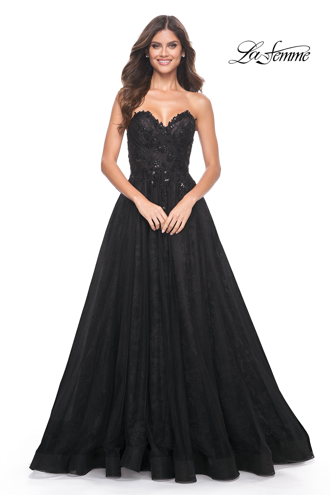 Shop La Femme 31954 Sweetheart Neckline Lace up Back High Slit  Beaded/Tulle/Lace A-Line Evening Dress – B Chic Fashions