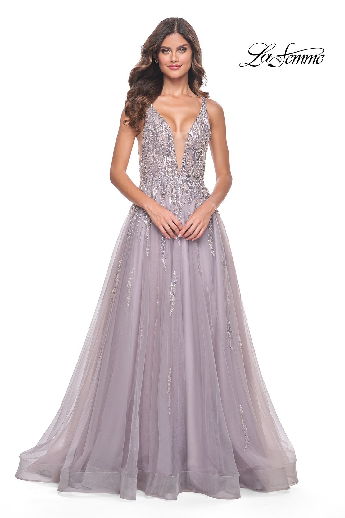 Shop La Femme 31995 Plunging Neckline Lace up Back Sequin/Tulle A-Line Evening Dress B Chic Fashions Shop La Femme 31995 Plunging Neckline Lace up Back Sequin/Tulle A-Line Evening Dress B Chic Fashions