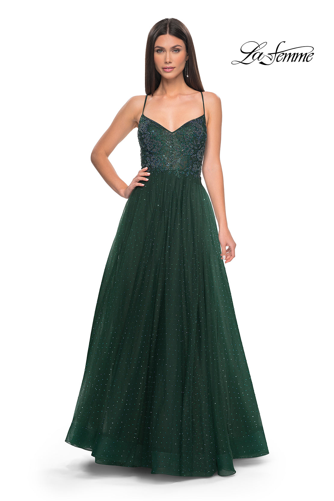 Shop La Femme 32020 V-Neck Neckline Lace up Back High Slit Hot Stone/Tulle  A-Line Evening Dress – B Chic Fashions