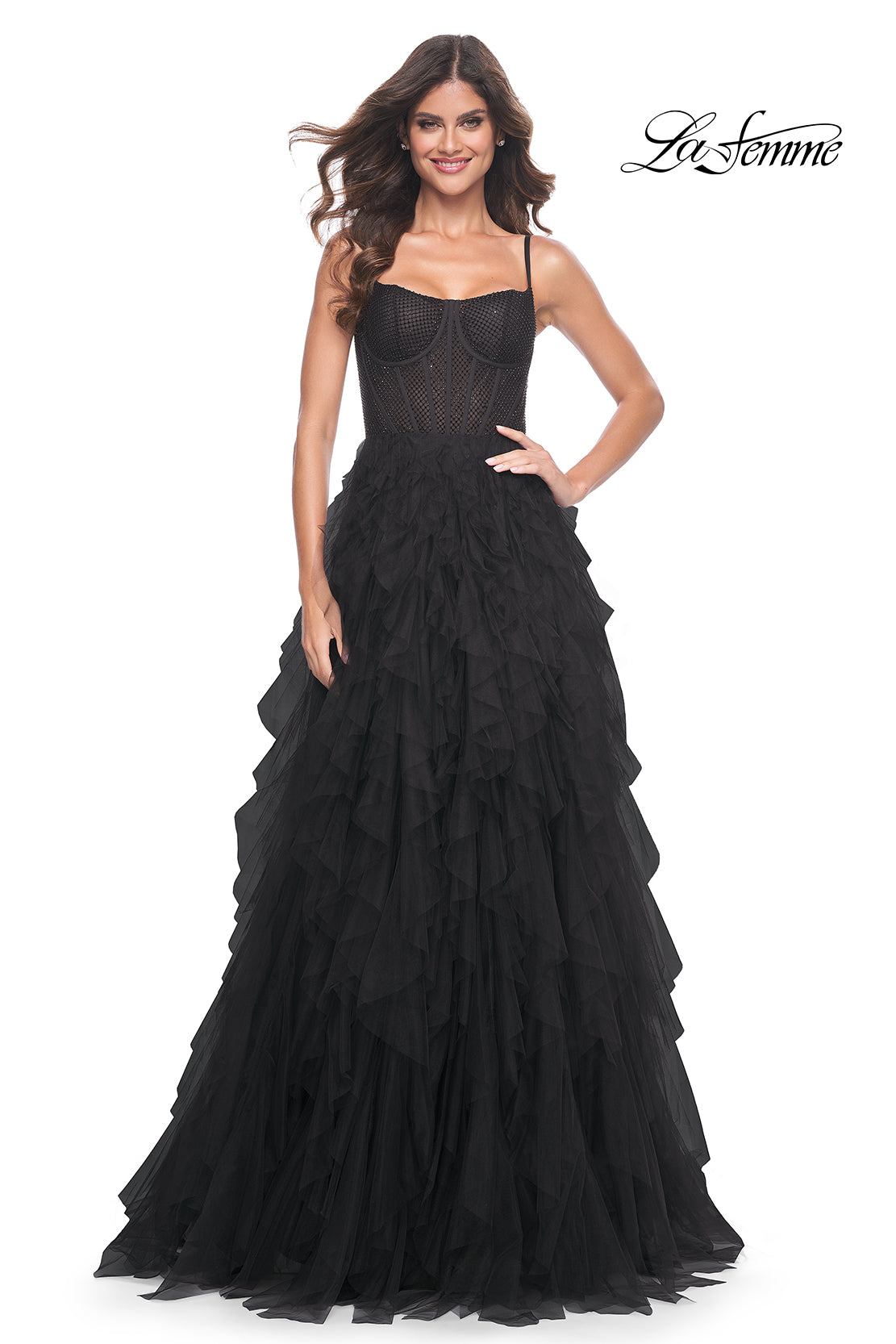 Shop La Femme 32233 Square Neckline Zipper Back Tiered Hot Stone/Fishnet  Tulle A-Line Evening Dress  B Chic Fashions