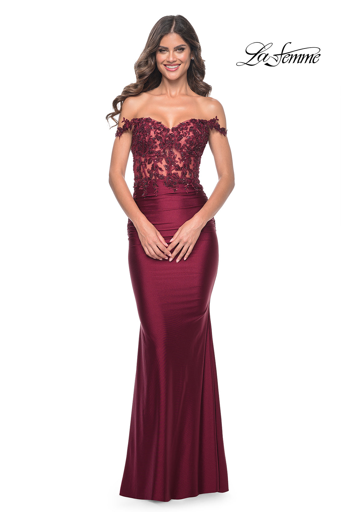 La Femme 32302 Applique Corset Prom Dress | Formal Dress Shops 2 / Dark Berry La Femme 32302 Applique Corset Prom Dress | Formal Dress Shops 2 / Dark Berry