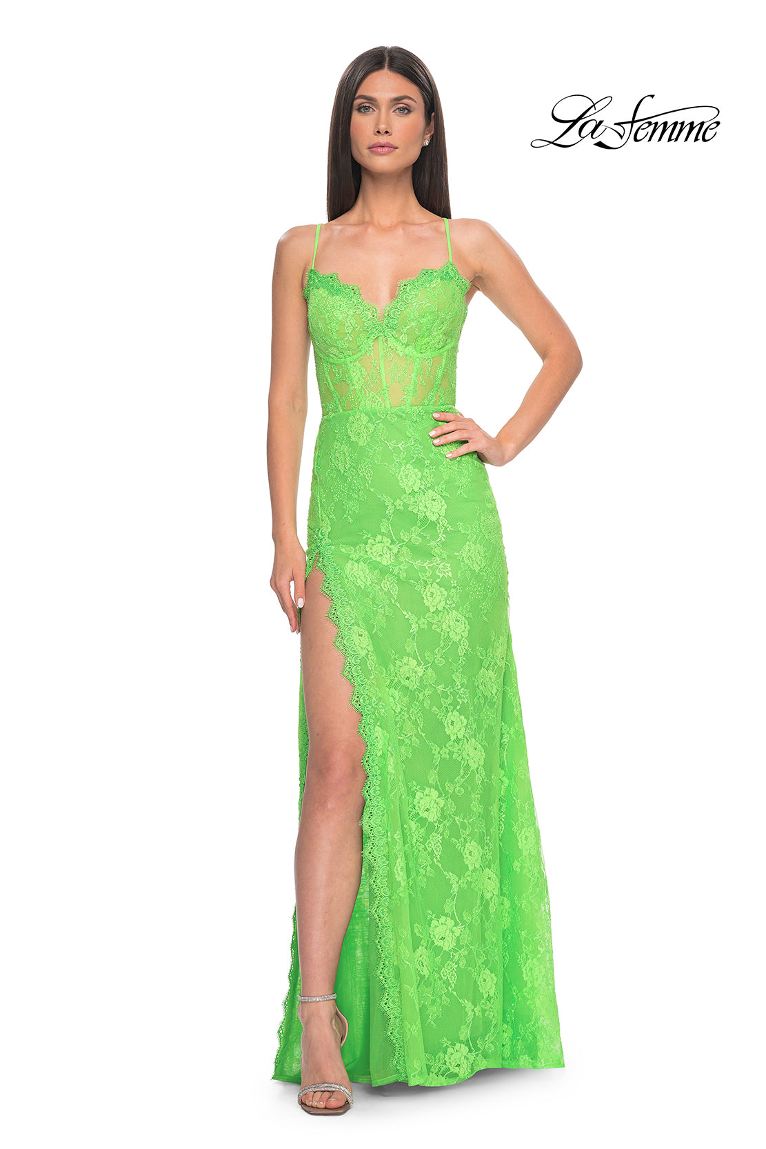 Shop La Femme 32441 Sweetheart Neckline Lace up Back High Slit Lace Fitted Evening Dress B Chic Fashions Shop La Femme 32441 Sweetheart Neckline Lace up Back High Slit Lace Fitted Evening Dress B Chic Fashions