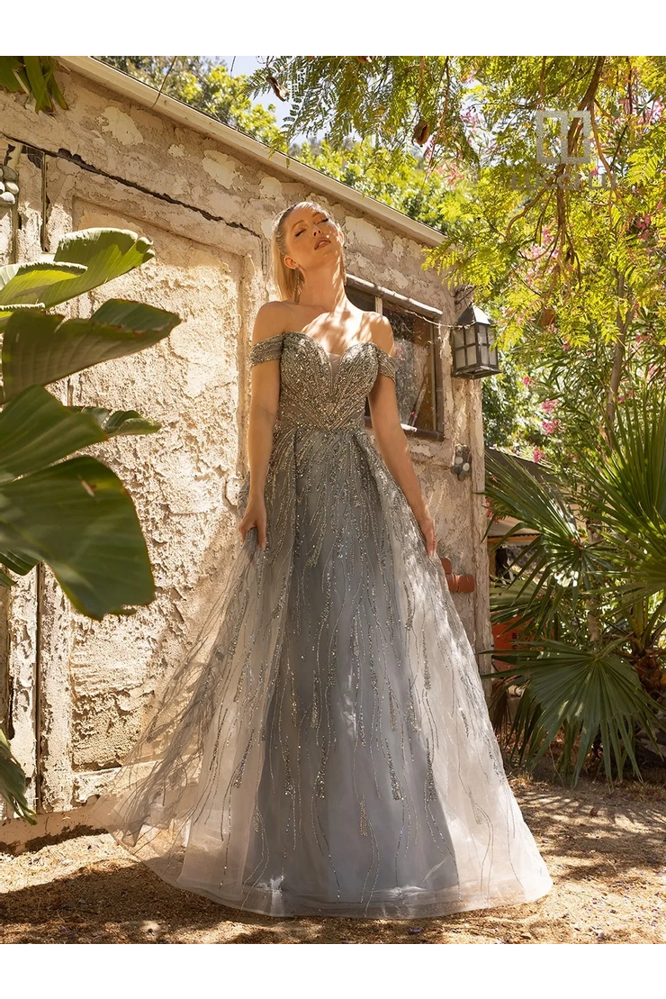 open lace back dress Off Shoulder Tiered A-Line Slit Gown by Lucci Lu 1432
