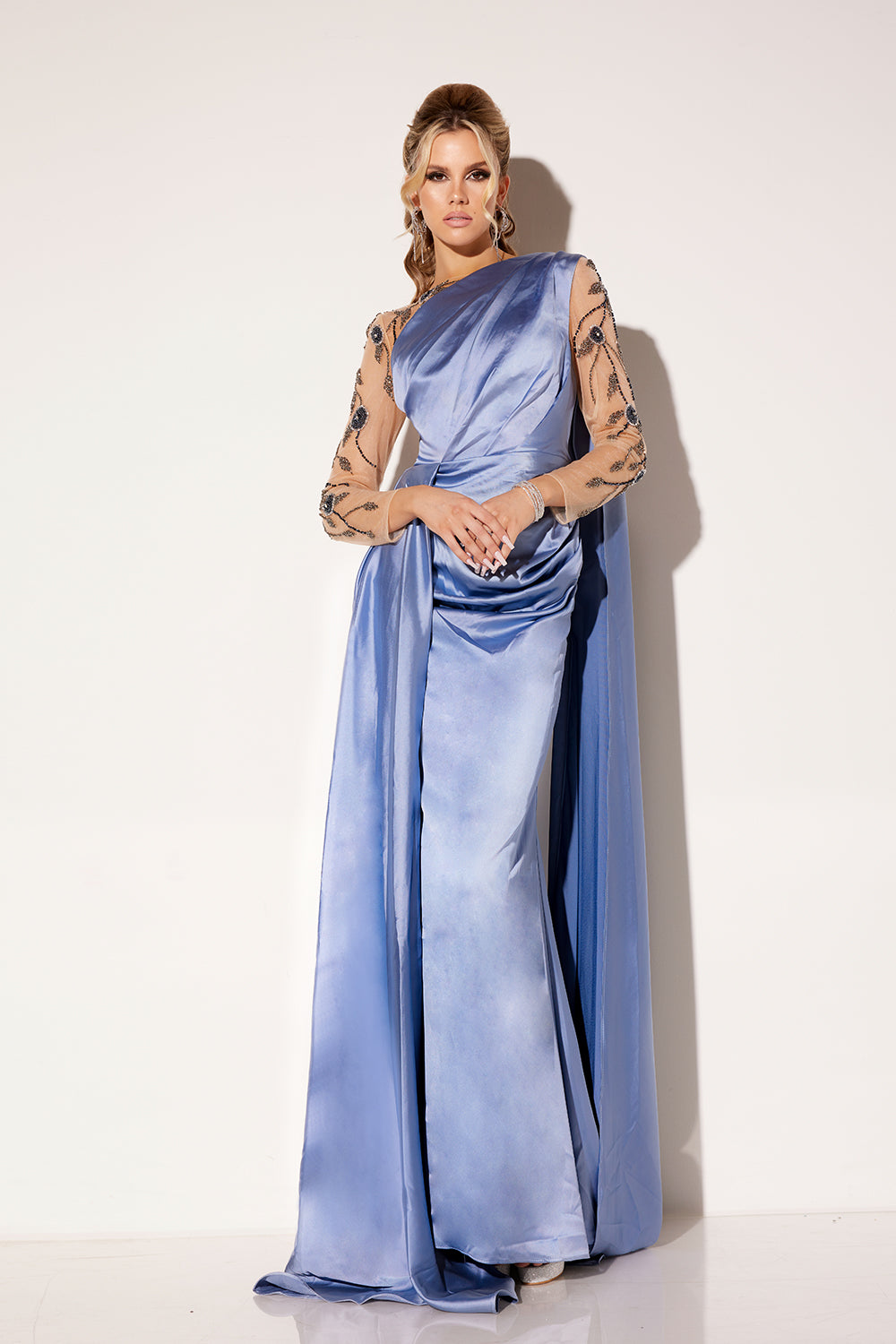 Shop Lucci Lu C8066 One Shoulder Neckline Mesh Back Sweep Train Satin Mermaid Evening Dress – B Chic Fashions