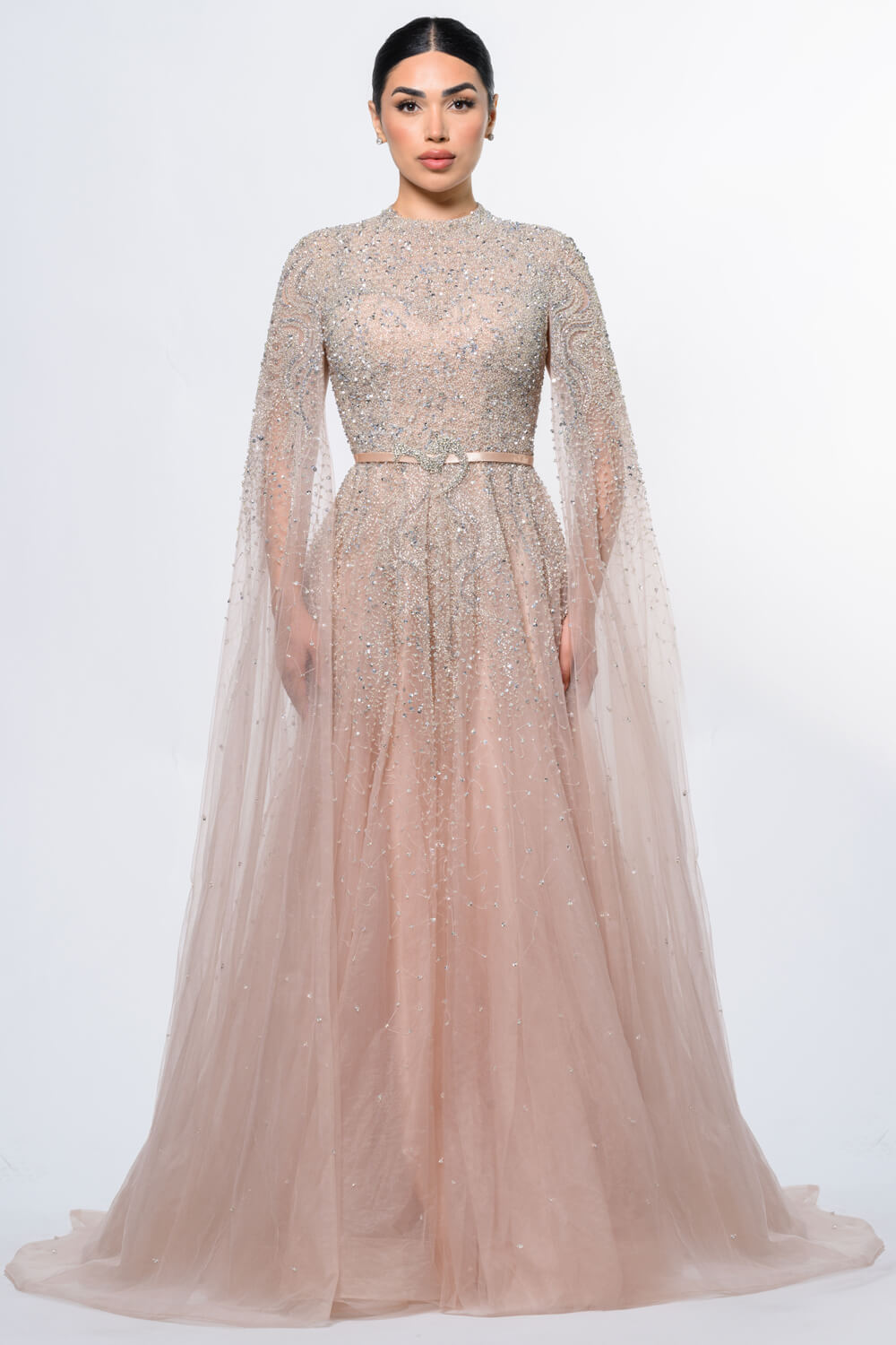 Noor Modest Long Drape Sleeves Beaded A-line Gown Champagne / 24 Noor Modest Long Drape Sleeves Beaded A-line Gown Champagne / 24