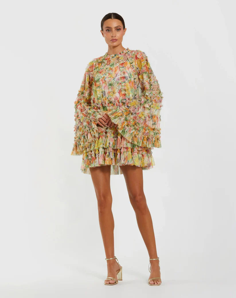 mesh multicolor dress Mac Duggal 8300 Multicolor Printed Mesh Ruffle High Neck Mini Dress