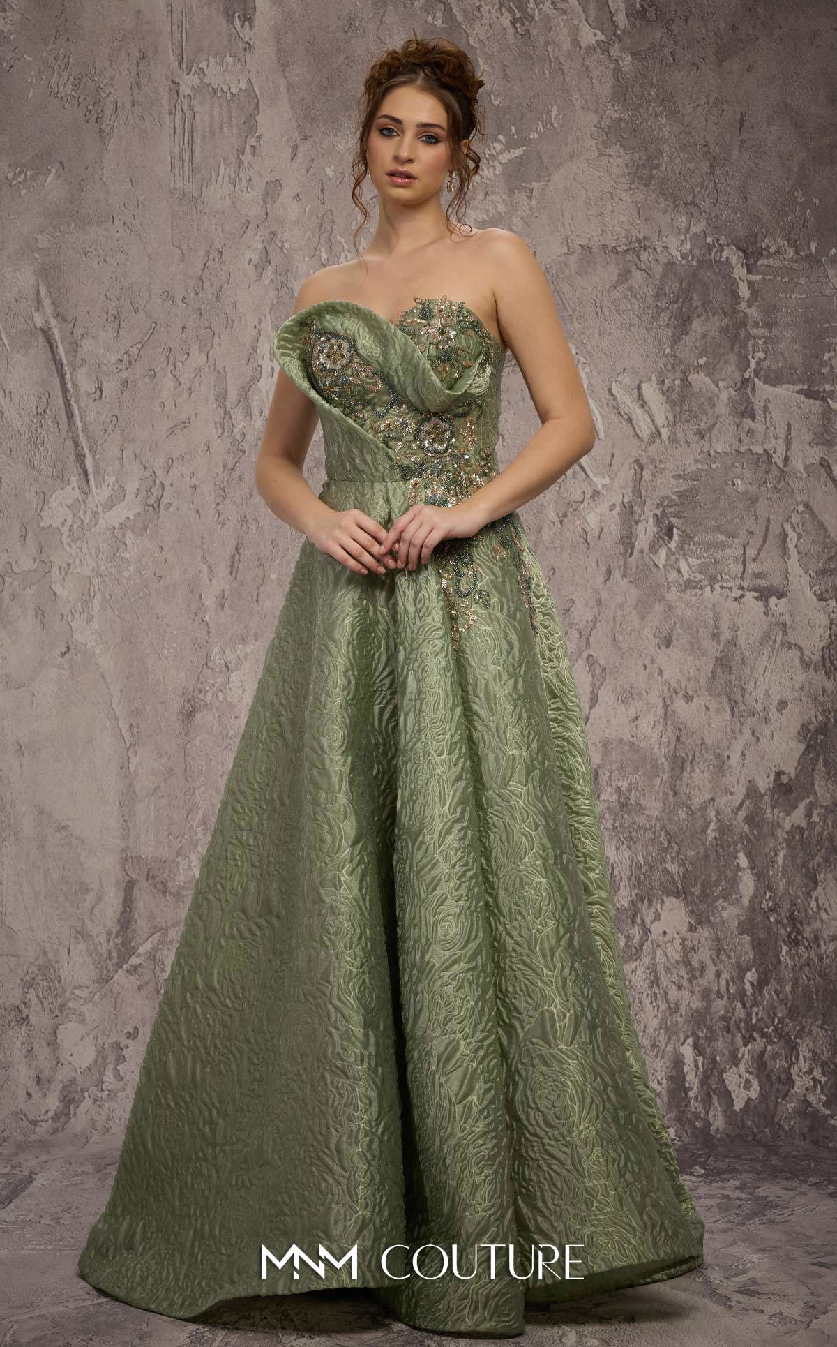metallic brocade dress MNM Couture Q3355 Green Strapless A-line Lace-Trim Charmeuse Cocktail Dress The luxurious gold and Size:Child 5 _okendo:syndication_key:CL135876002