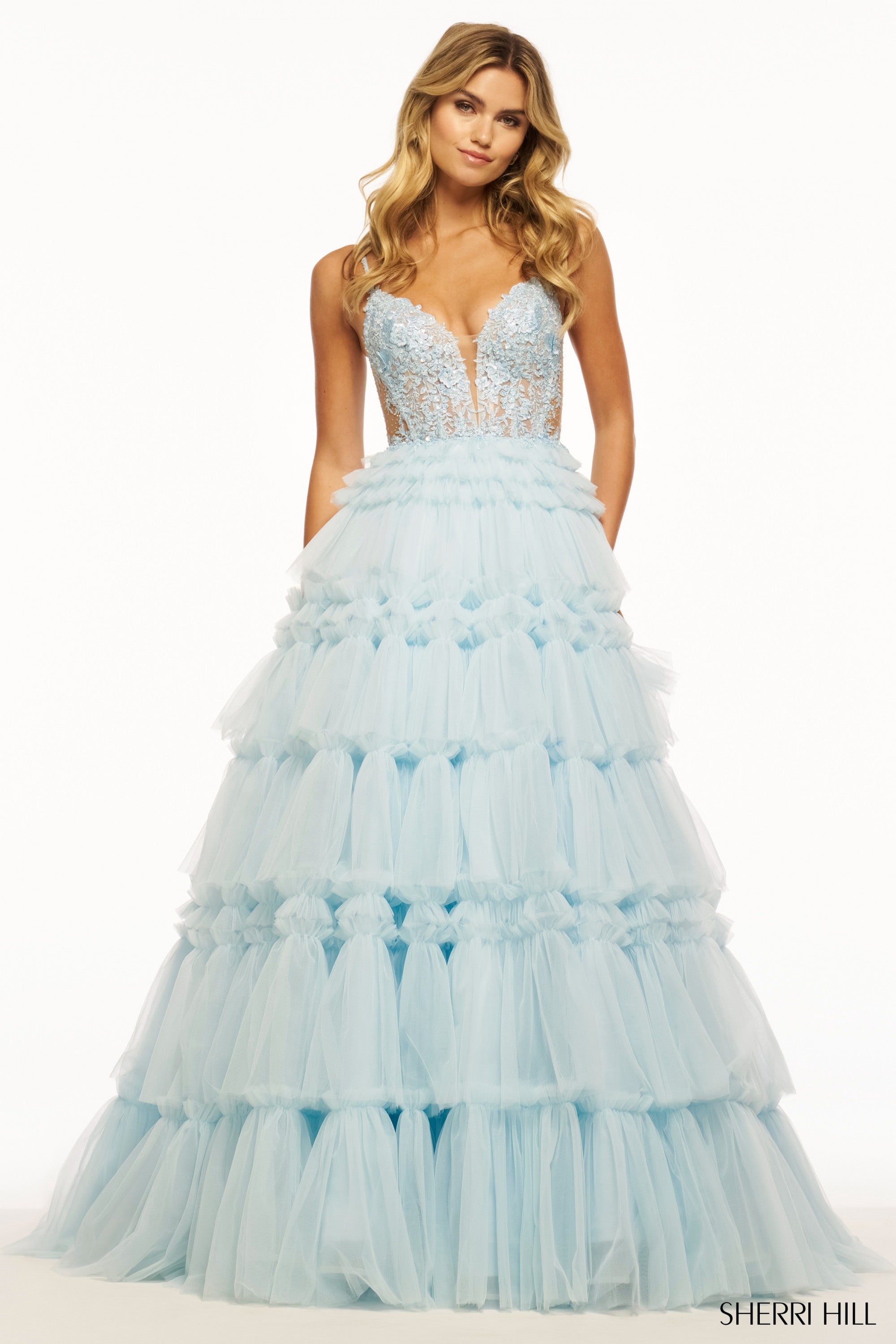 Shop Sherri Hill 56102 Plunging Neckline Ball Gowns Tulle/Lace Fabric