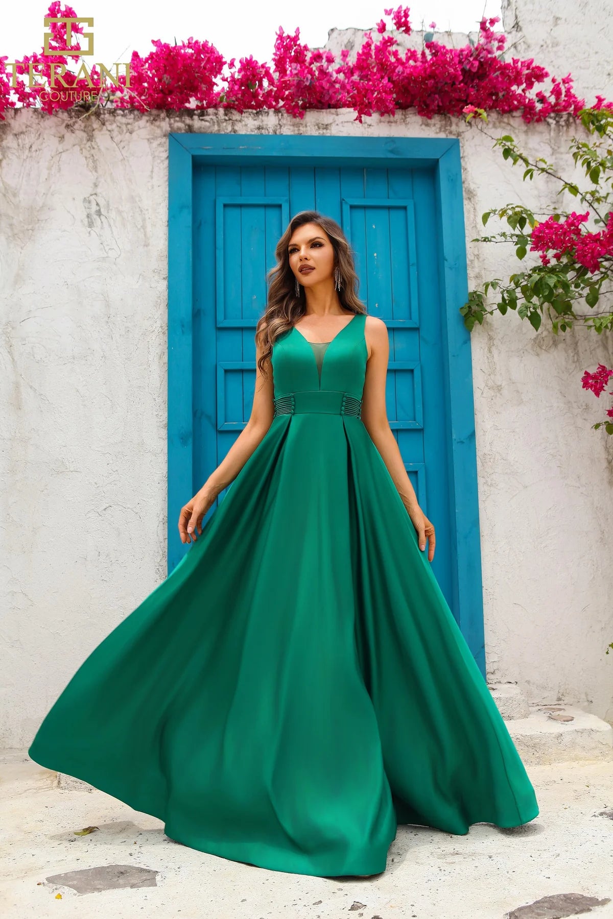 Terani Couture 251P4113 V-Neck Sleeveless Satin A-Line Ballgown B Chic Fashions Terani Couture 251P4113 V-Neck Sleeveless Satin A-Line Ballgown B Chic Fashions