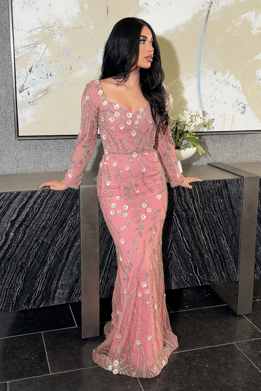 Yasmine Long Sleeve Floral Sequin Embellished Modest Evening Dress Candy Pink / 0 Yasmine Long Sleeve Floral Sequin Embellished Modest Evening Dress Candy Pink / 0
