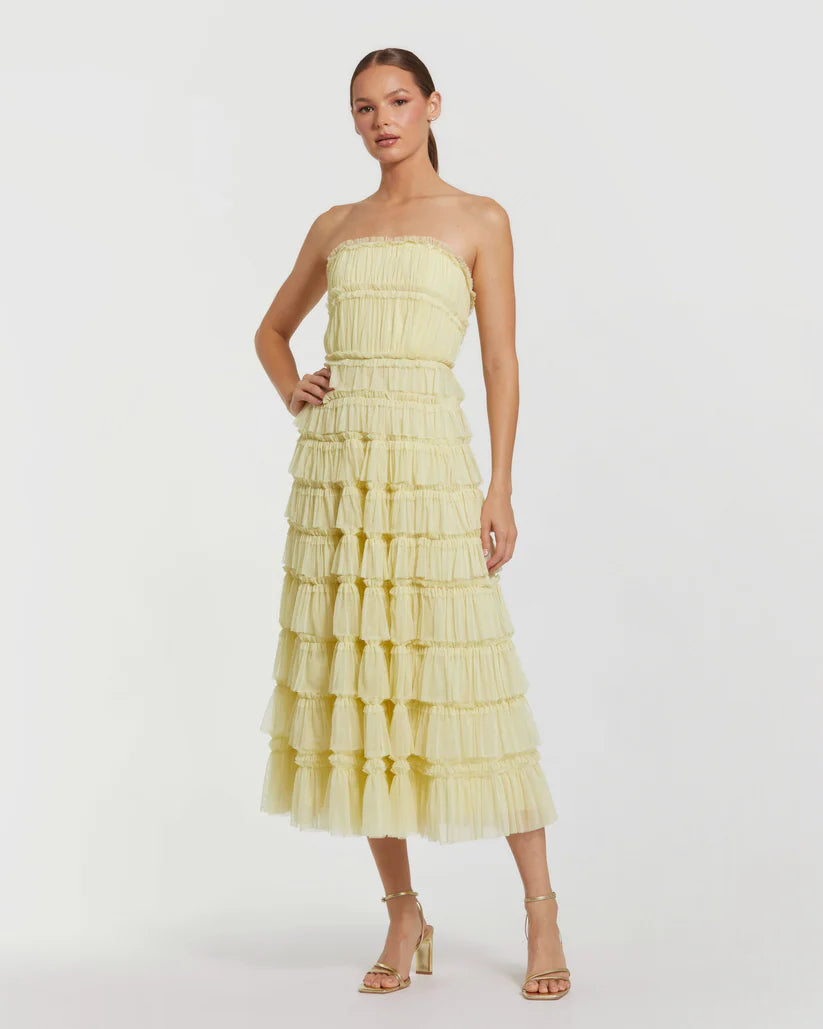 mac duggal yellow dress Mac Duggal 8286 Mesh Micro Ruffle Strapless Midi Dress – B Chic Fashions
