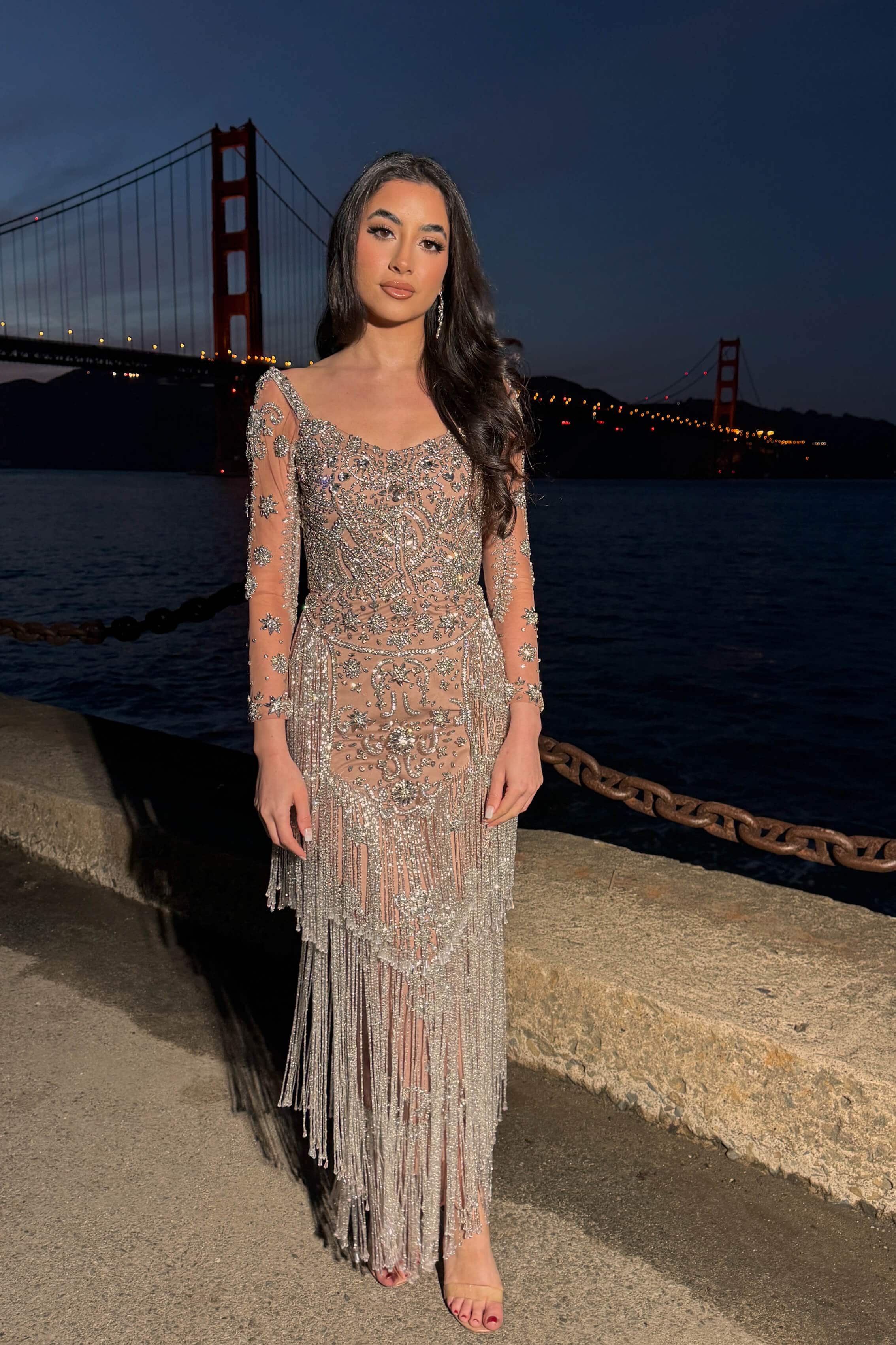 Zarah Long Sleeve Beaded Tassel Dress | Modest Evening Wear by Iyza Belaar at B Chic Fashions Nude/Silver / 18 Zarah Long Sleeve Beaded Tassel Dress | Modest Evening Wear by Iyza Belaar at B Chic Fashions Nude/Silver / 18