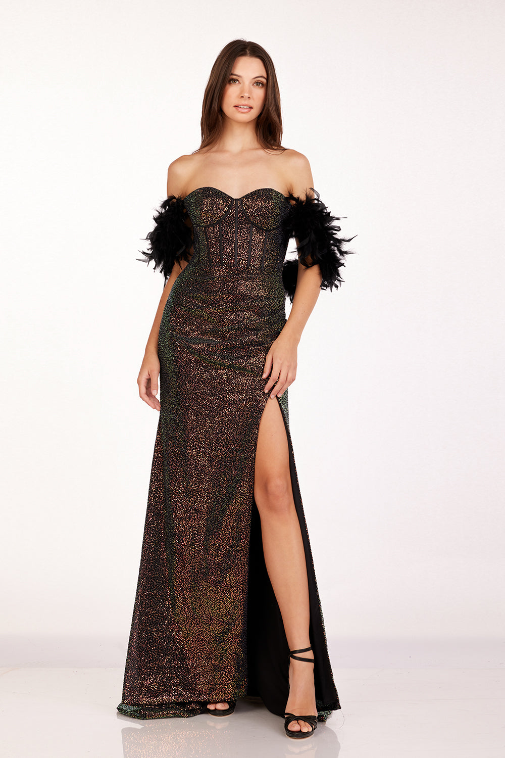 Get Abby Paris 90254 Sweetheart Neckline Unique Feather Off Shoulder Wrap Around Feathers Sequin Fit and Flare w/Slit Evening Dress B Chic Fashions Get Abby Paris 90254 Sweetheart Neckline Unique Feather Off Shoulder Wrap Around Feathers Sequin Fit and Flare w/Slit Evening Dress B Chic Fashions