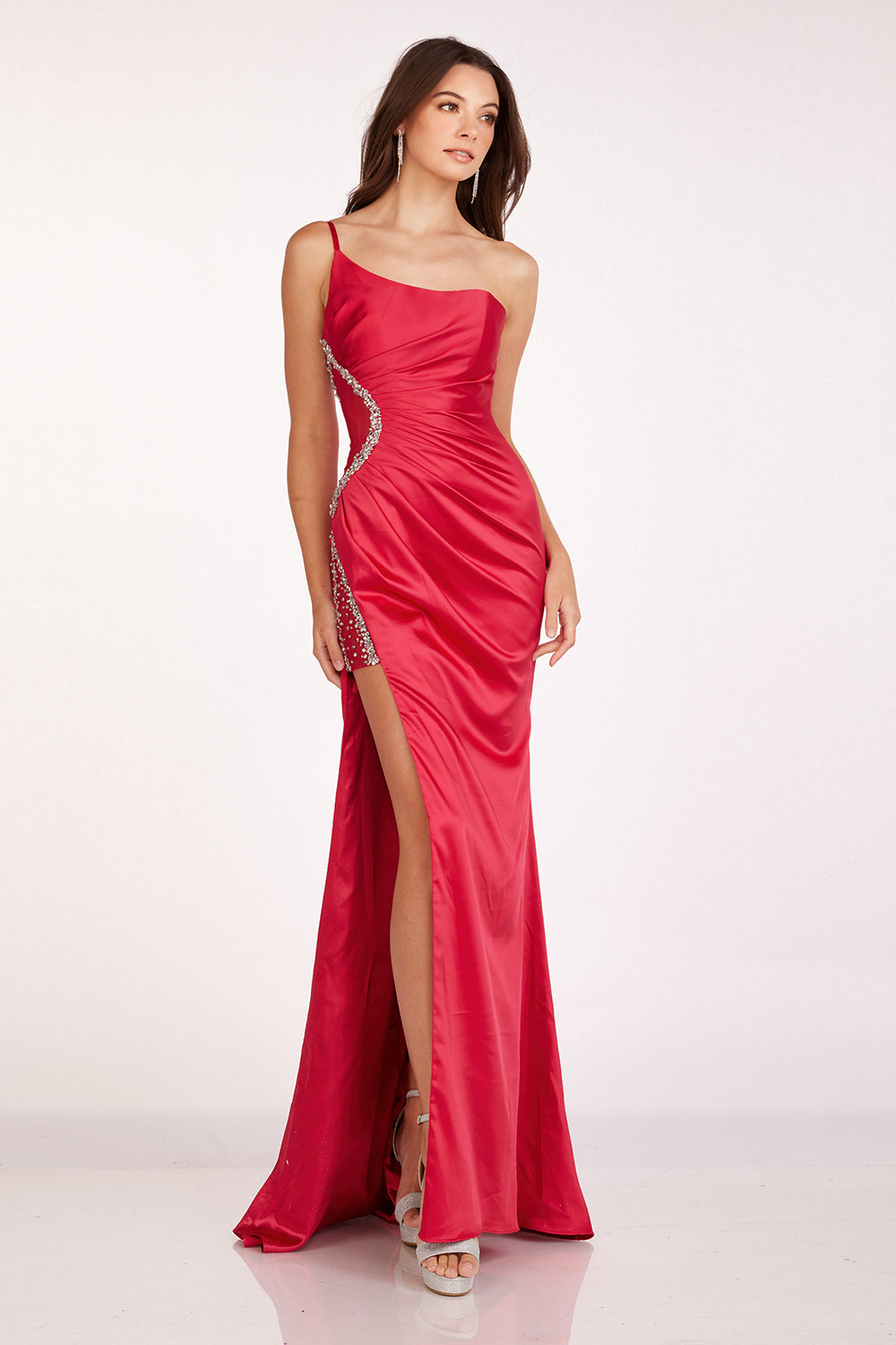 Buy Abby Paris 90259 Asymmetrical Neckline Rhinestone Side Mesh Cutout Satin Fit and Flare w/Slit Evening Dress B Chic Fashions Buy Abby Paris 90259 Asymmetrical Neckline Rhinestone Side Mesh Cutout Satin Fit and Flare w/Slit Evening Dress B Chic Fashions